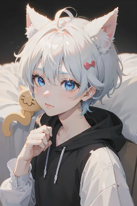Soft moe anime style，Cute cat ears boy with white fur，Light blue eyes，Q version emoji，Excellent anime drawing。