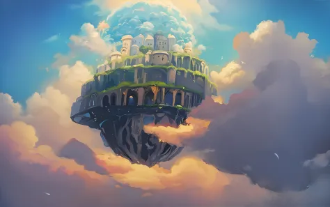Castle painting in the sky，There is a tree on it, castle in the sky style, Flying Island in the Sky, Floating city in the sky, A floating island in the sky, island floating in the sky, floating and flying island, floating city on clouds, an island floating...