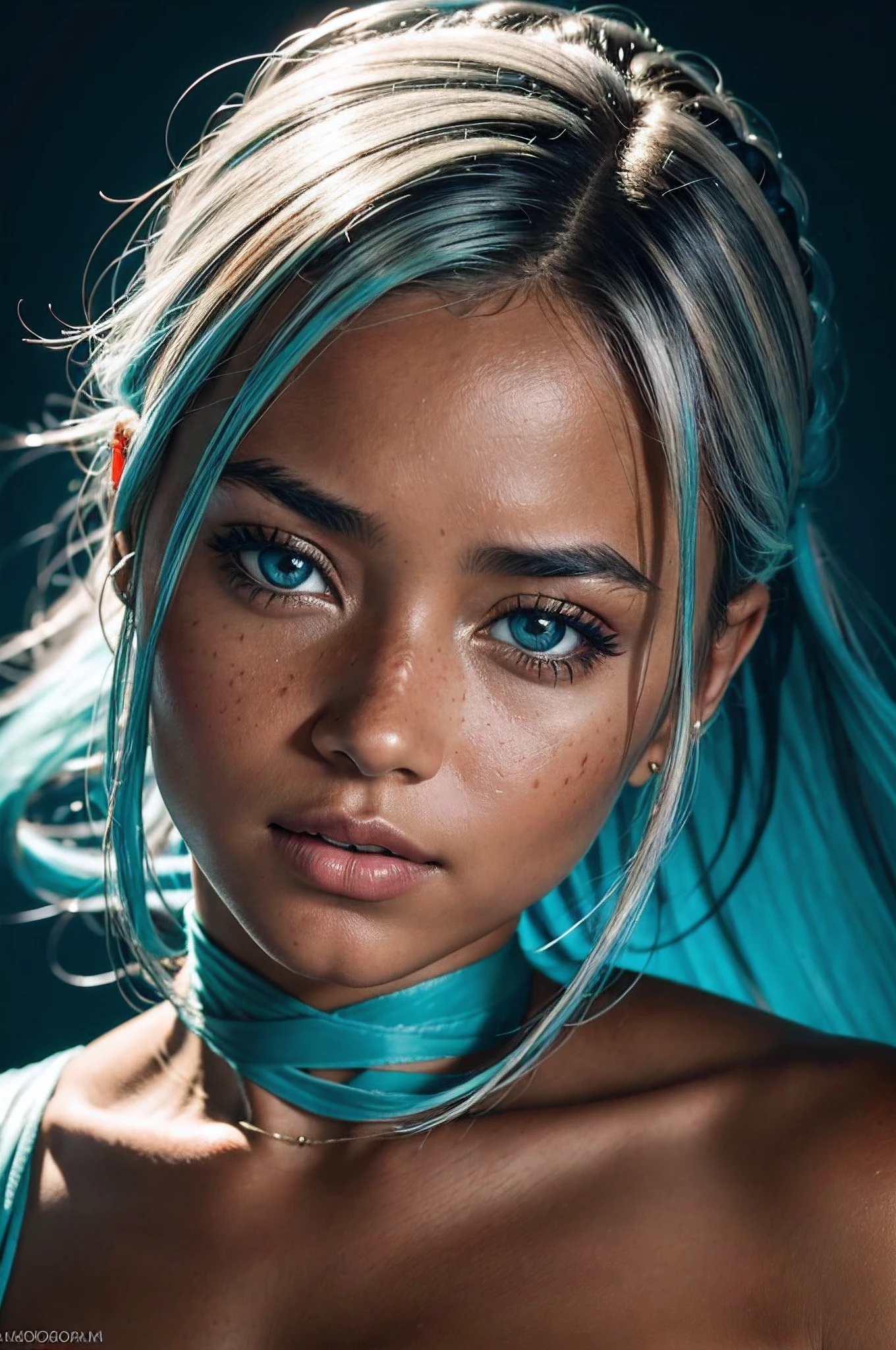 (Cinematic, emotional:1.3), Silhouette of a female against a turquoise backdrop, glowing particles around her, voluminous white hair highlighted, calm expression profiled, (small breasts, orange accents), freckled skin, the photograph captured in stunning 8k resolution and raw format to preserve the highest quality of details, (her eyes are portrayed with meticulous attention to detail: 1.3), The photograph is taken with a lens that emphasizes the depth in her eyes, the backdrop is a dark room setting that enhances the colours of the scene. The lighting and shadows are expertly crafted to bring out the richness of her skin tone and the intense atmosphere. Her hair adds contrast against her skin, the overall composition captures her essence with authenticity and grace, creating a portrait that celebrates her heritage and beauty. Photography utilizing the best techniques for shadow and lighting, to create a mesmerizing portrayal that transcends the visual,