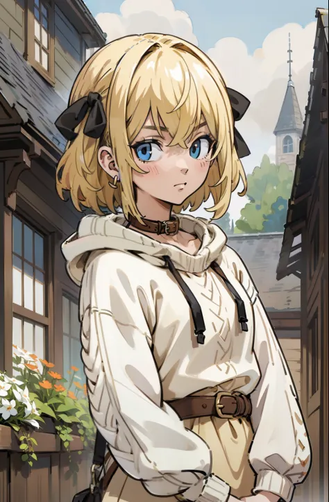 (masterpiece, best quality, ultra-detailed, illustration), beautiful face, blonde hair, perfect body, 1girl in, solo, hoodies in sweater, hair ribbon, camisoles and dress and belts, straps, village, old houses, outdoors, folk, legends, collar