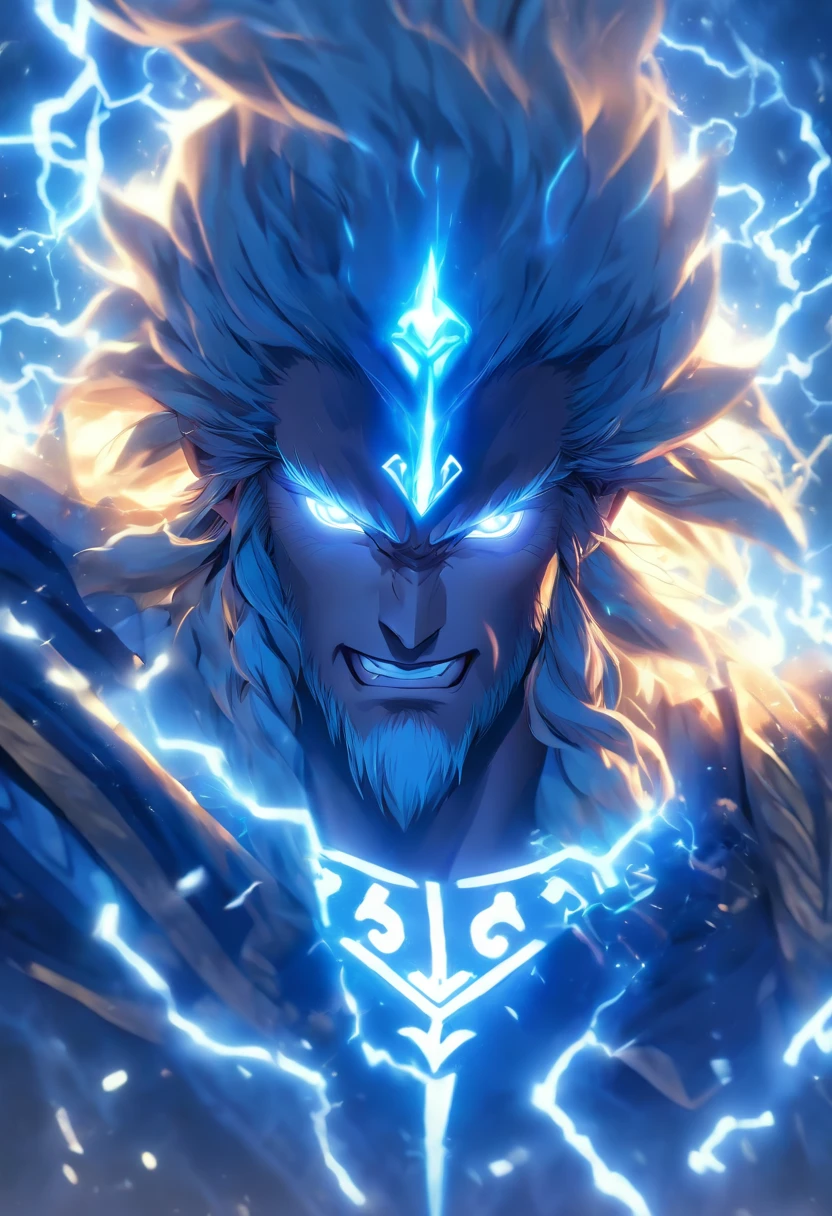 (((Ci'an))) Best quality, Ultra-high resolution, 4K detailed CG, Masterpiece,Celtic God,thunders, ,Celtic costumes,Blue clothes, Celtic mythology, ((god of thunder)) , Celtic image, Aesthetic, Screen-centric