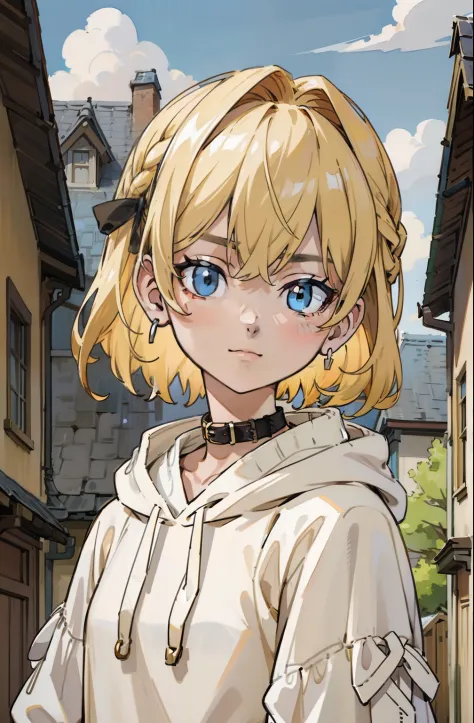 (masterpiece, best quality, ultra-detailed, illustration), beautiful face, blonde hair, perfect body, 1girl in, solo, hoodies in sweater, hair ribbon, camisoles and dress, straps, village, old houses, outdoors, folk, legends, collar