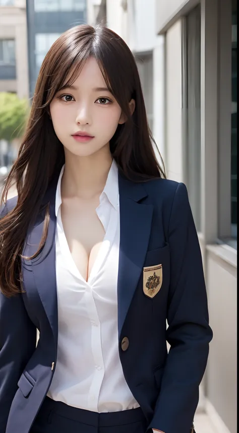 masutepiece, Best Quality, Illustration, Ultra-detailed, finely detail, hight resolution, 8K Wallpaper, Perfect dynamic composition, Beautiful detailed eyes,  Natural Lip,Blazer ,School uniform, cleavage, Full body,Put your hands in your pockets
