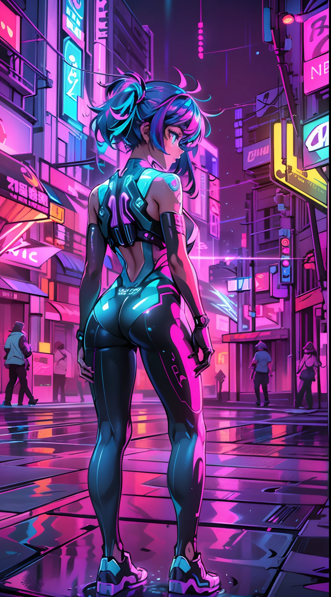 (best quality,4k,8k,highres,masterpiece:1.2),ultra-detailed,(realistic,photorealistic,photo-realistic:1.37),cyberpunk girl,Neon Kaleidoscopixie,girl with vibrant neon hair,vibrant glowing eyes,glowing neon tattoos on her body,high-tech cybernetic implants,shimmering holographic clothing,gritty urban cityscape background,bright neon lights and signs reflecting on wet pavement,pixelated digital rain falling,giant holographic animal companions following her,futuristic hoverboard under her feet,deep shadows and contrasting colors,retro-futuristic aesthetics,fluorescent lights creating a surreal atmosphere,visually stunning and immersive,neon-lit underground club scene,sharp focus on her captivating expression,iridescent butterfly wings sprouting from her back,energetic cyberpunk music playing in the background,cityscape illuminated by neon skyscrapers,artificial intelligence assistant floating by her side,transparent umbrellas shielding her from the rain,LED light trails following her movement,electric blue and hot pink color palette,evoking a sense of mystery and excitement,blinking neon signs advertising futuristic gadgets,enhanced reality glasses enhancing her vision,holographic art installations evolving in the city,wireframe buildings and floating platforms,interplay of light and shadow creating dramatic effects,mix of organic and mechanical elements depicting the blend of humanity and technology,embracing the spirit of rebellion and individuality,depicting a futuristic world filled with energy and technology advancements.