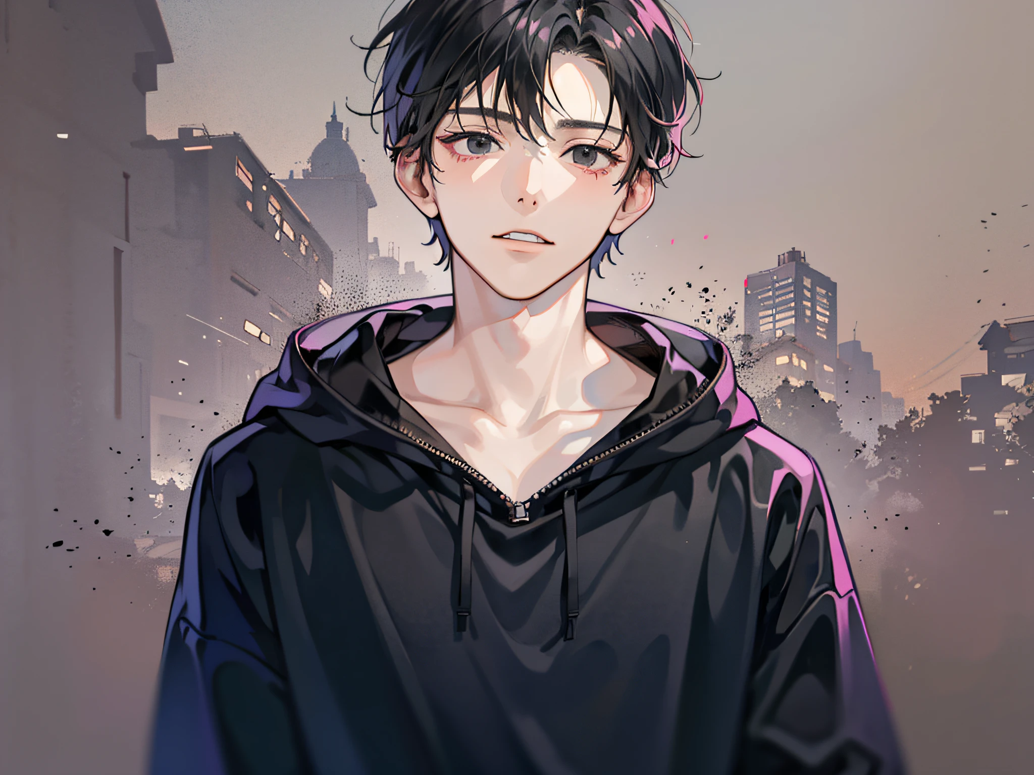 masutepiece, Detailed picture, 20-year-old man, The upper part of the body, A dark-haired, Black eyes, gloom, Wearing a sweatshirt, The background is a town