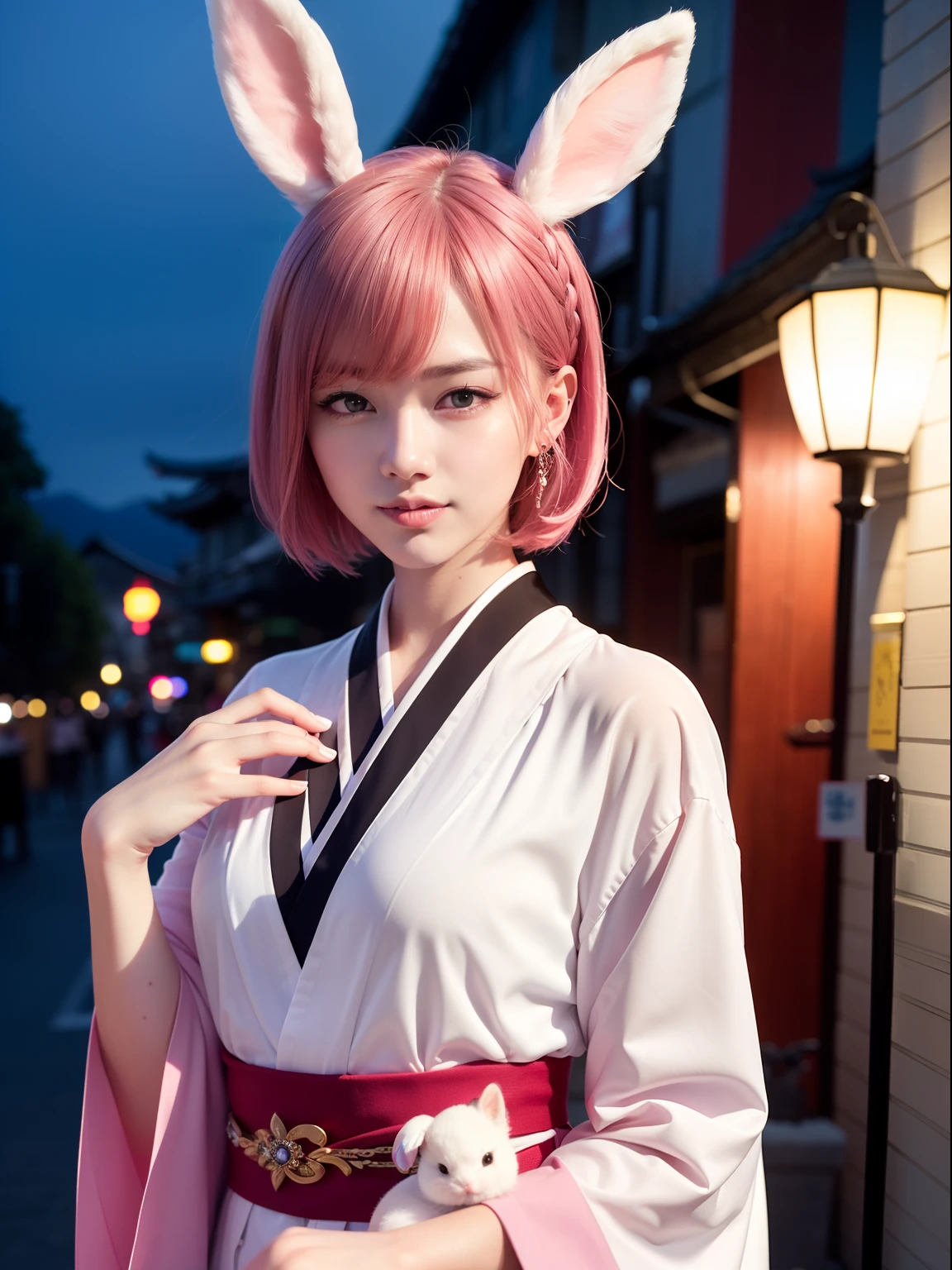 Waiting for the night、Kyoto at night、nighttime scene、Pink short cut hair、traditional Japanese costume、Maiko、White kimono、Pink short cut hair，(8K, top-quality, ​masterpiece:1.2), (realisitic, Photorealsitic:1.37), ultra-detailliert, 1 girl in, full body Esbian, (Adjusted hair:1.5) 、cute little、独奏、Beautiful detailed sky、(A smile:1.15)、(Mouth closed)、tiny chest、Eyes in Beautiful Details、（short-hair：1.2）、Floating Hair NovaFrogStyle、masuter piece、Pink Shortcut Bob、Realistic rabbit ears、Pink realistic rabbit ears、Realistic ears of rabbits sticking out of the head、Pink hair、Beautiful girl in her 20s、Bewitching atmosphere、Beautiful shaped hands、K-POP、Pink rabbit ears、1 girl in、独奏、​masterpiece、top-quality、realisitic、Hyper-detailing、(Glossy skin:1.4)、absurderes、short pink hair、Slender beauties、动态照明、hight resolution、foco nítido、depth of fields、(thick thight:1.0)、A slender :1.2，((Short-cut bob hair))、((k pop:1.3))，Highly detailed facial and skin texture、((魅惑的))，Anatomically correct number of fingers，Correct anatomy