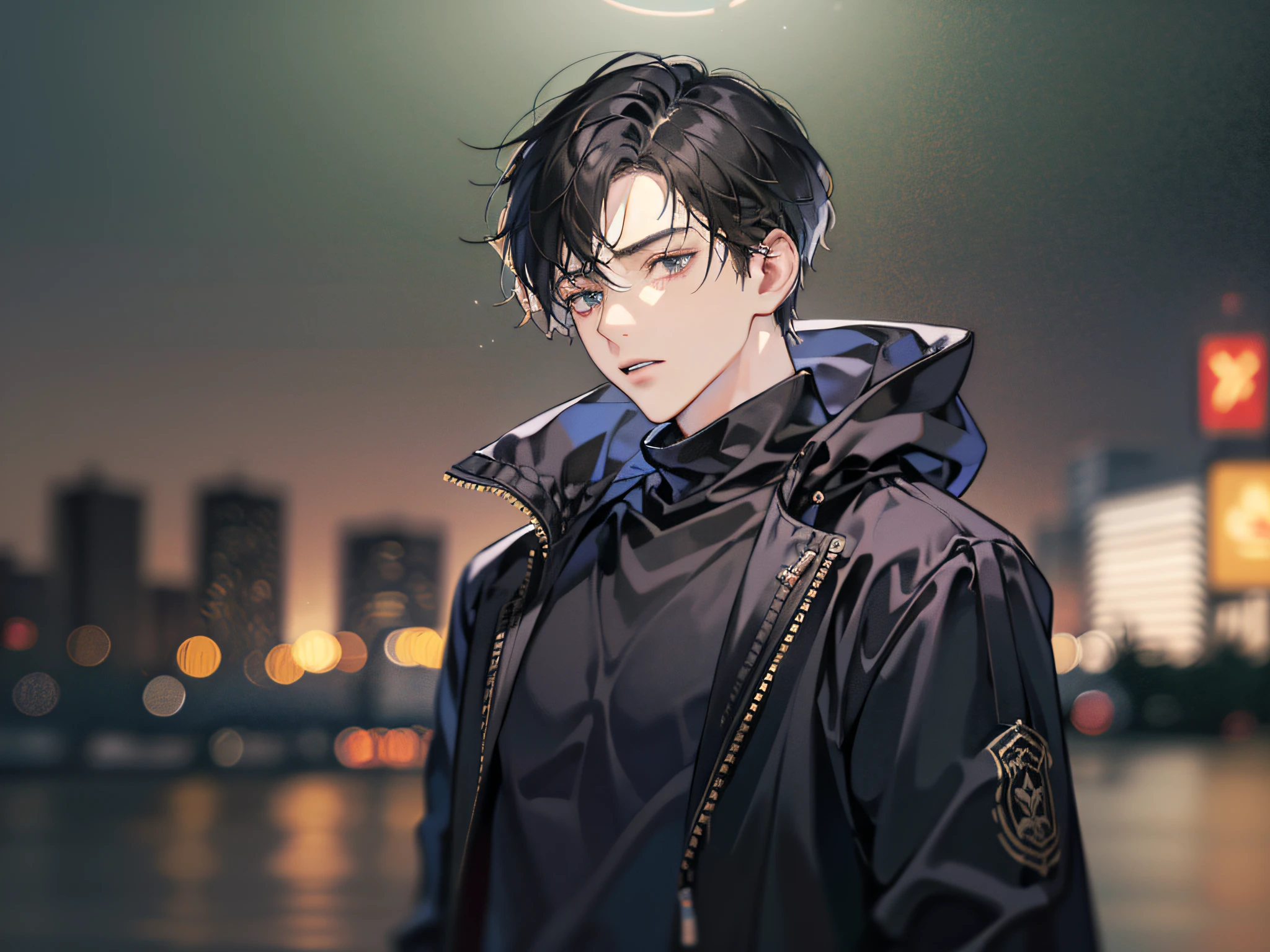 (best quality,highres,masterpiece:1.2),detailed painting,20-year-old man,upper body,black hair,black-eyed,moody,wearing a sweatshirt,background is a town,medium:oil painting,detailed cityscape,dark and gloomy atmosphere,vivid colors,sharp focus,studio lighting