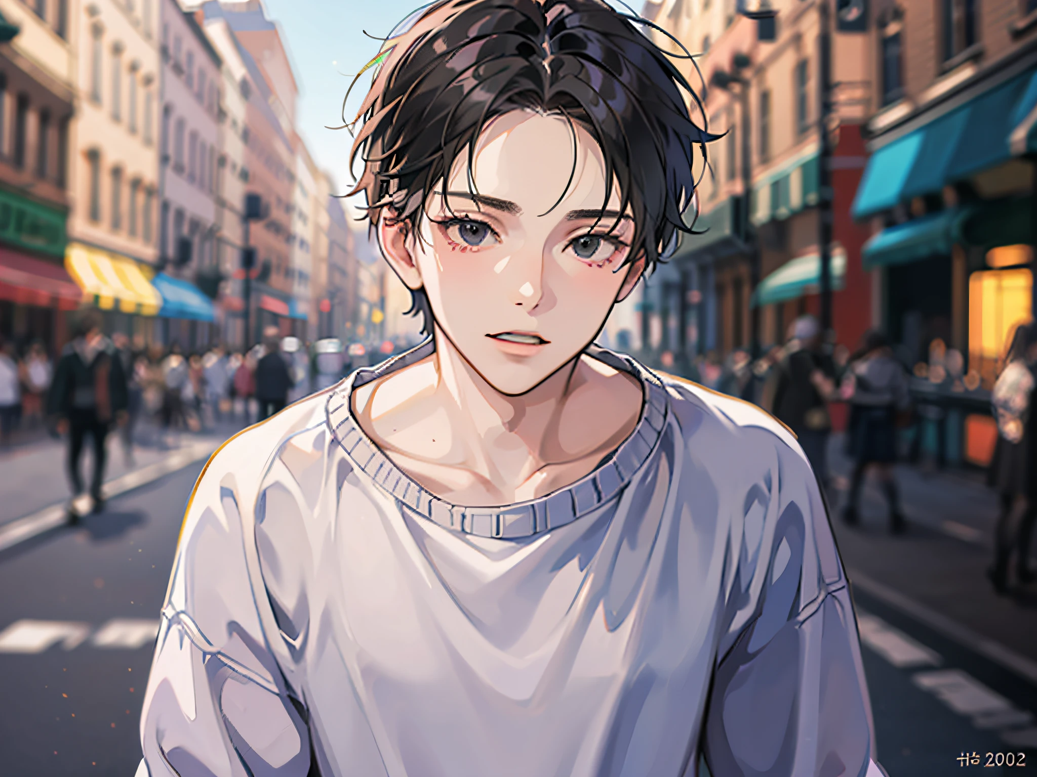 masutepiece, Detailed picture, 20-year-old man, The upper part of the body, A dark-haired, Black eyes, gloom, Wearing a sweatshirt, Background Street