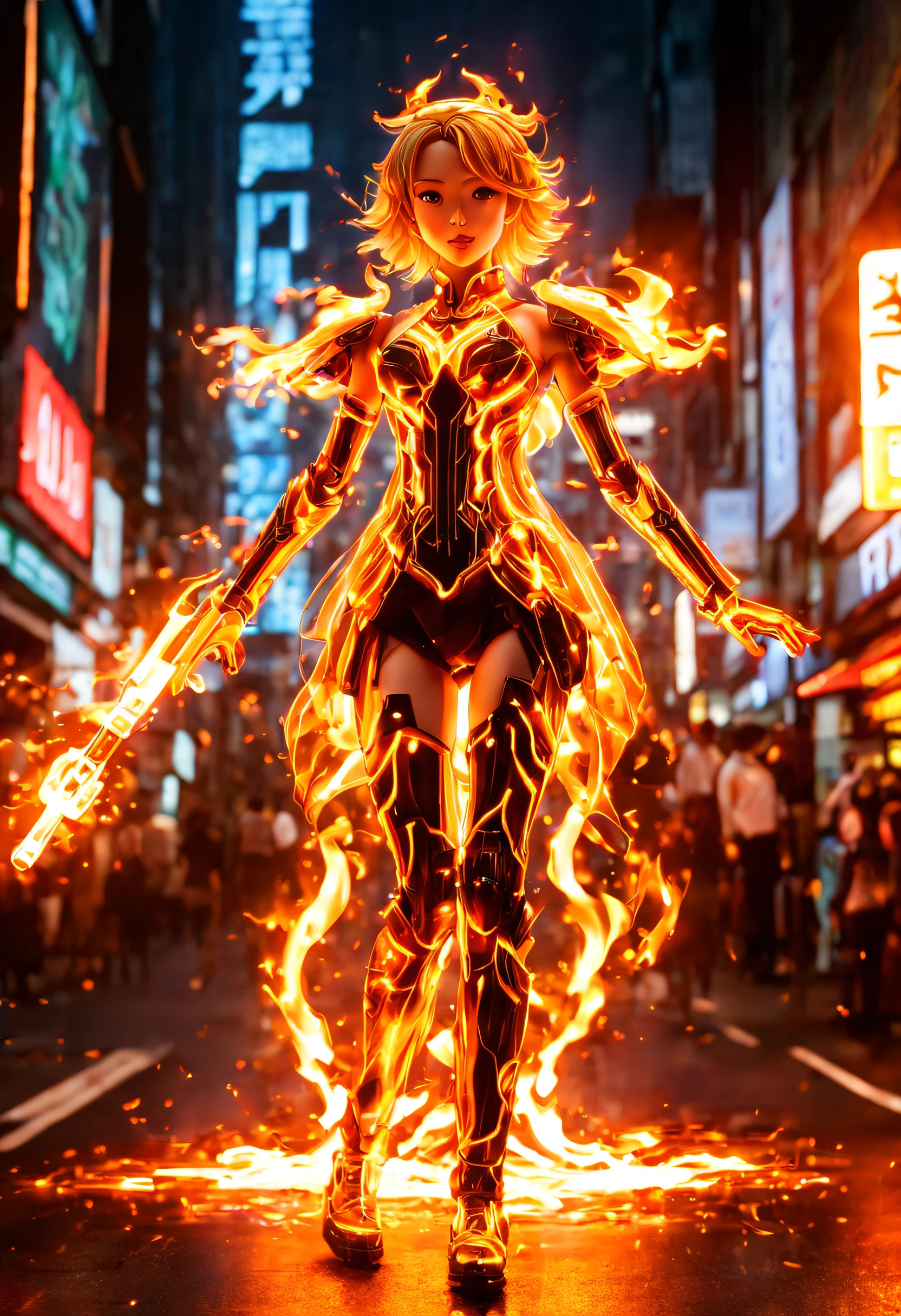 (Masterpiece, high quality, best quality, official art, beauty and aesthetics:1.1),(fire element:1.1),composed of fire elements,(1girl:1.45),(gundam:0.6),highly realistic,graceful poses, night Tokyo streat background, transparency,Sci-fi light effects,(Illuminated circuit board:1.6),ukl,dress,flame,