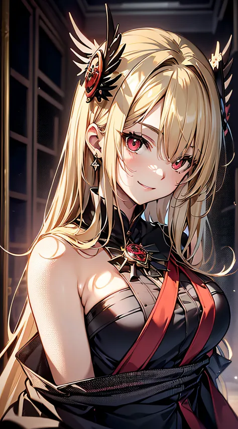 top-quality、Top image quality、​masterpiece、girl with((cute little、18year old、Best Bust、Medium bust、Bust 85,Beautiful red eyes、Breasts wide open,Blonde long hair、A slender、Black bathrobe、A smile)）hiquality、Beautiful Art、Background with((Black Room,Large roo...