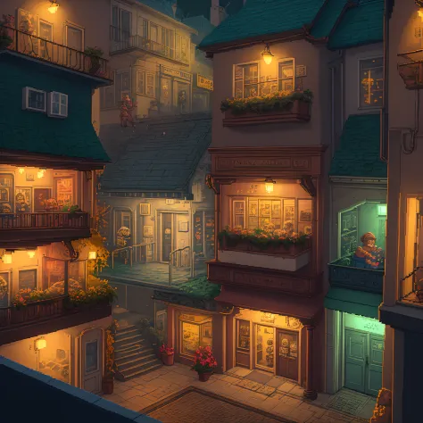 Pixel Art Balcony　Cyberpunk night townscape　3bit