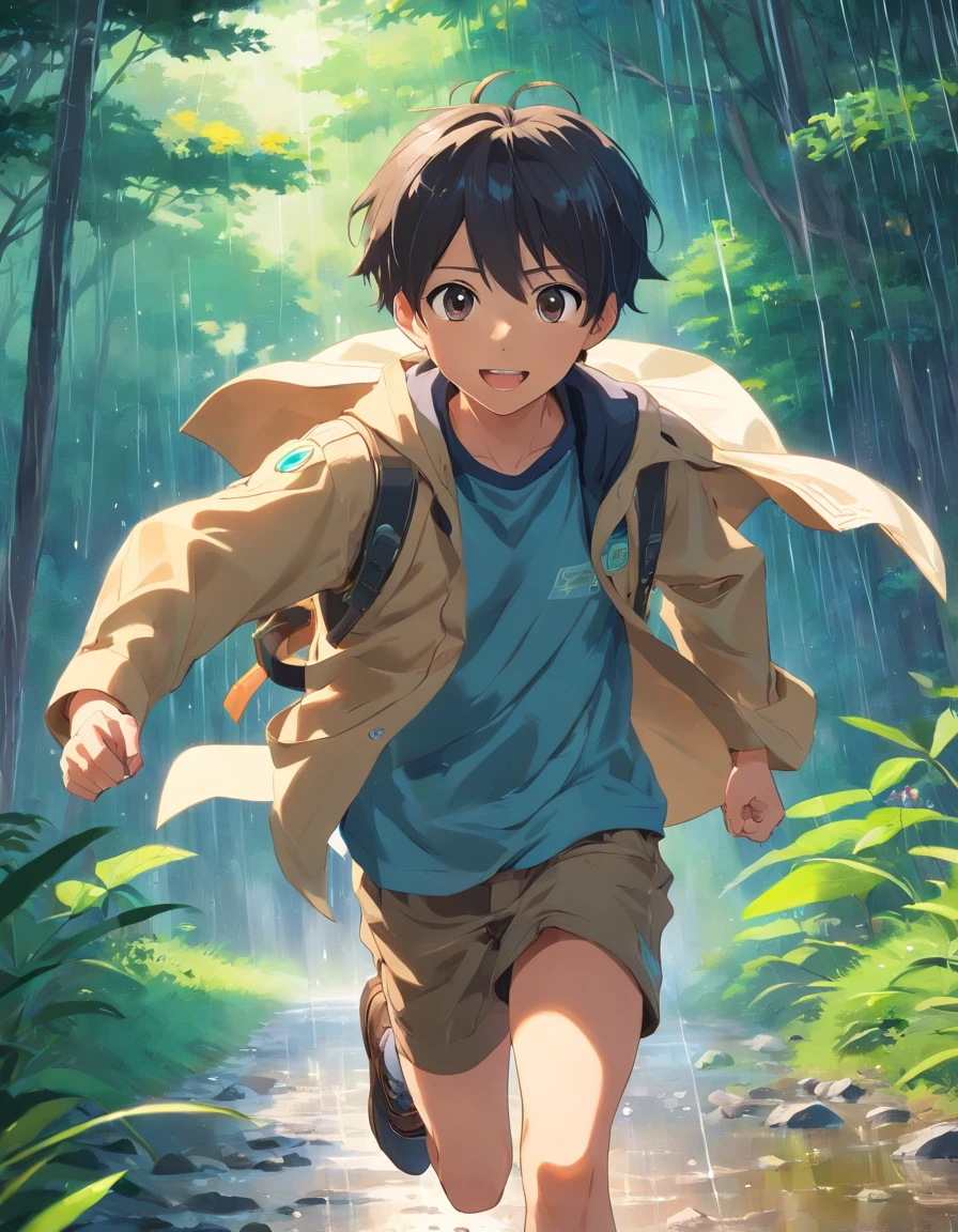 Costume planning theme rainning\ return to dust , a boy in the camp land , wearing a scout shirt and raincoat outside, running happily . There is 1 hut