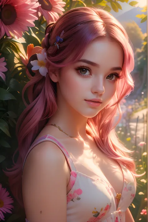 (masterpiece, best quality), 1girll, wavy hair, view the viewer,upper body, suspenders, estampados florales, pony tails, pink ha...