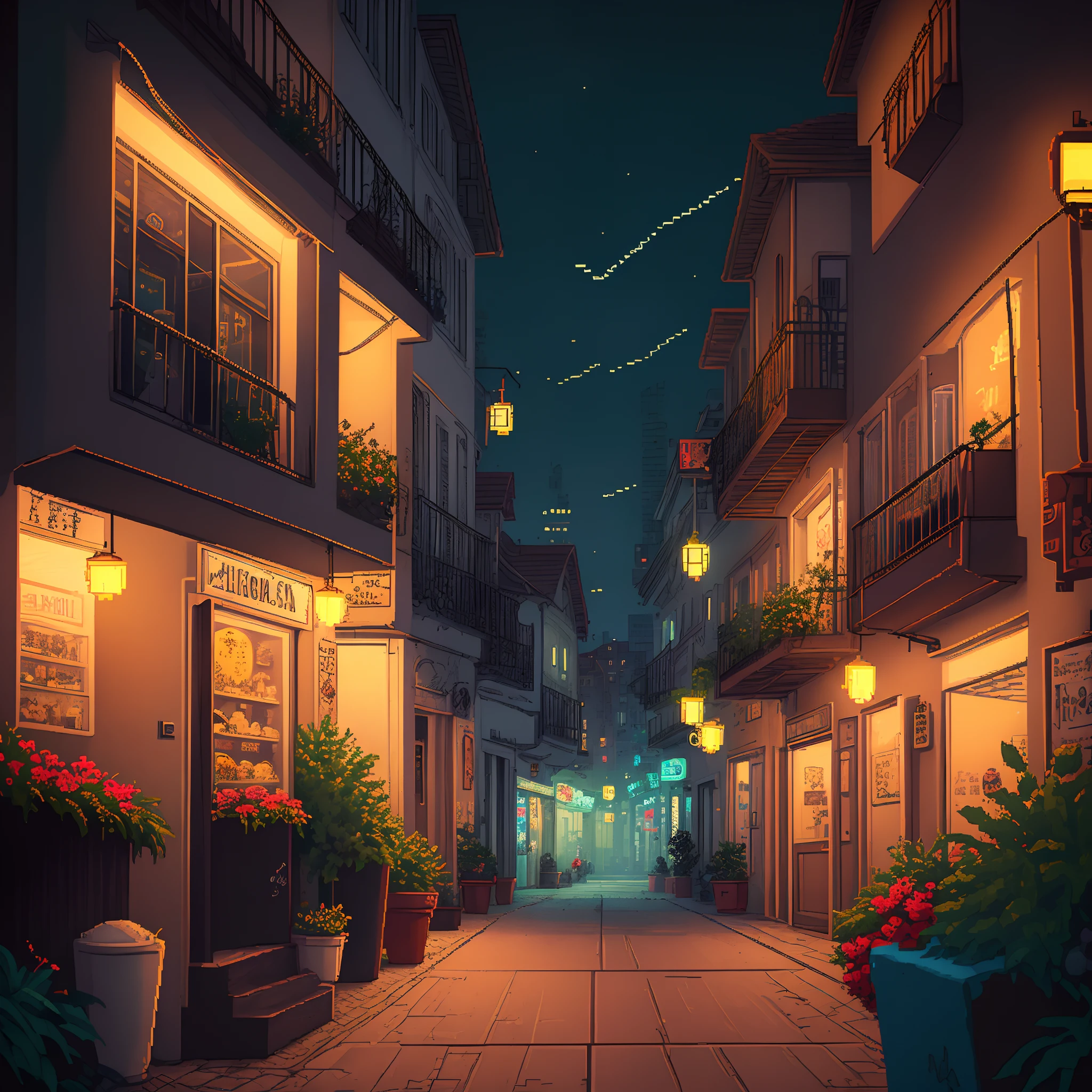 Pixel-Art-Balkon　Cyberpunk night townscape　3bit