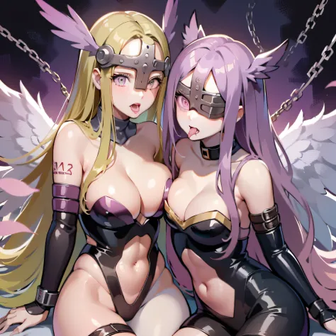 (masterpiece, best quality), (cowboy shot) angewomon, covered eyes, purple hair, blonde hair, (covered eyes:1.7), long purple hair, long blonde hair, 2girls, 2 girls
Fate go, Medusa, angel wings, bare shoulders, elbow gloves, feathered wings, gloves, head ...