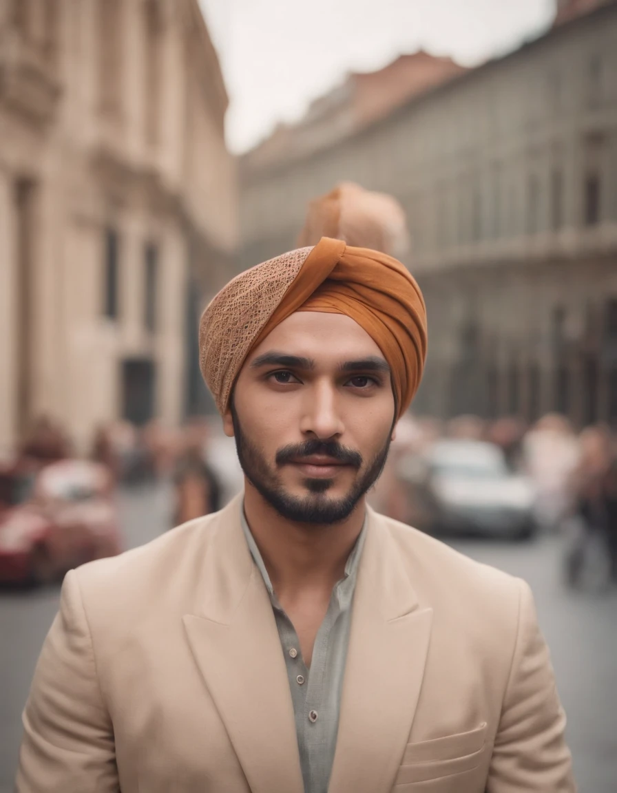 Un hombre que lleva un turbante se encuentra en la ciudad., El estilo es una  escena