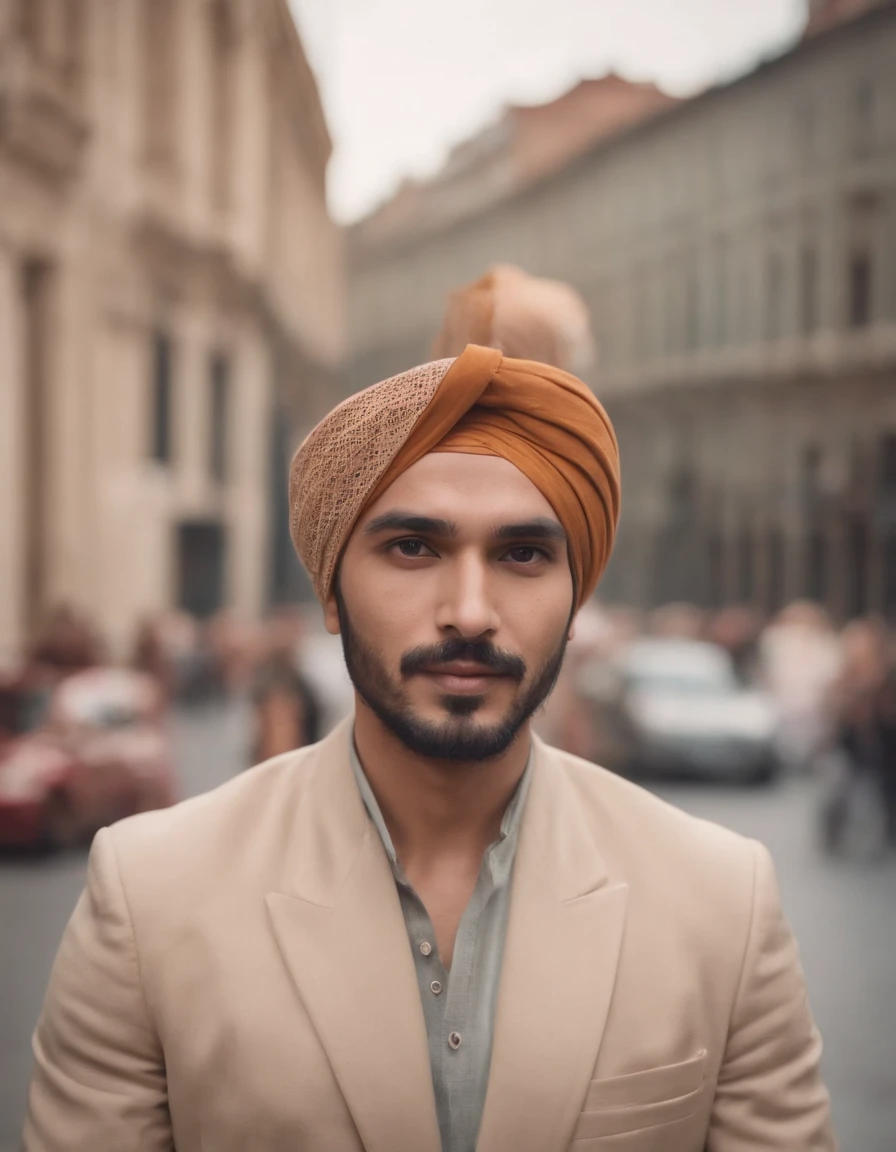 un hombre en un turbante soportes en el medio de un suciedad la carretera.  generado por ai 32279429 Foto de stock en Vecteezy