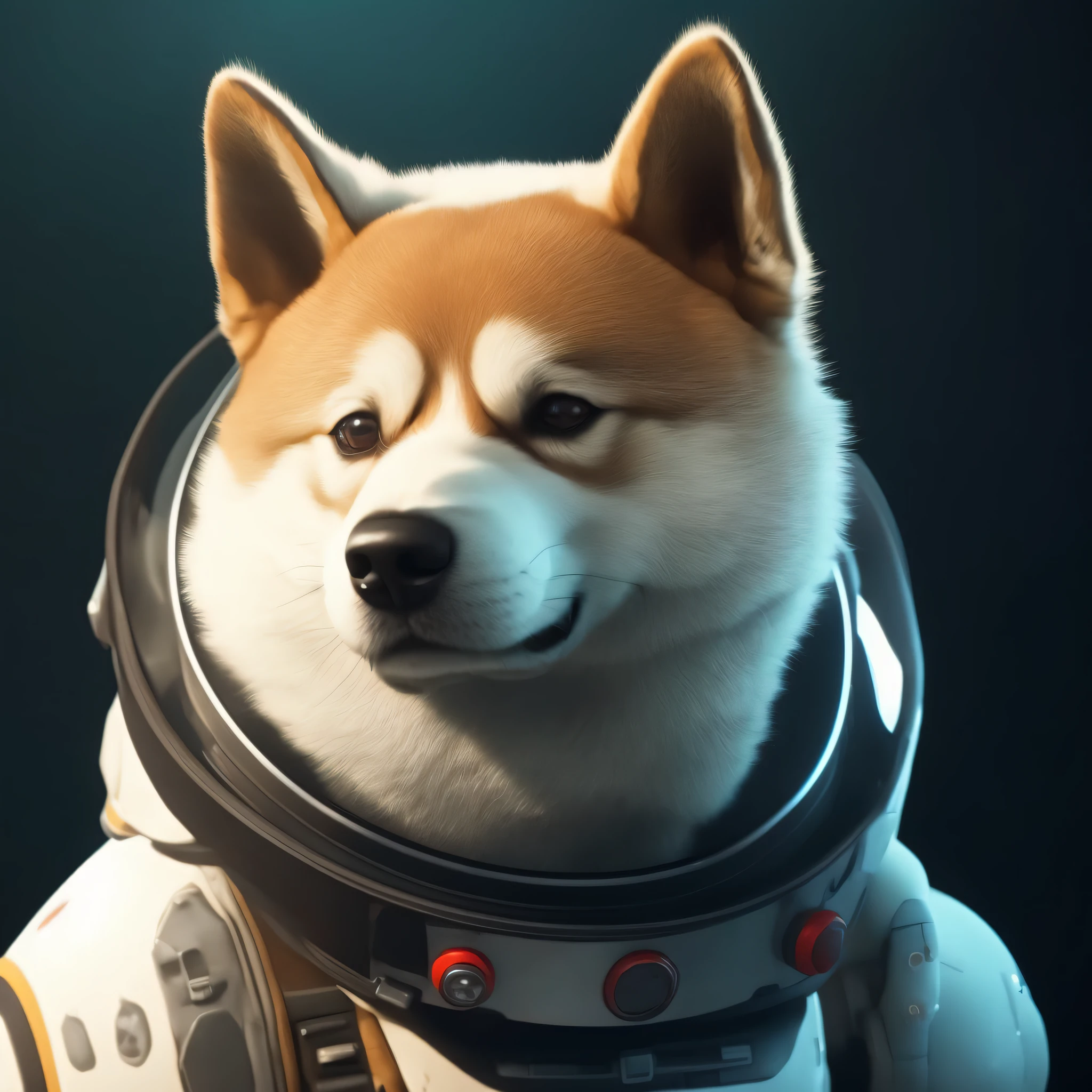 Arad dog in spacesuit and helmet on black background, shiba inu ...