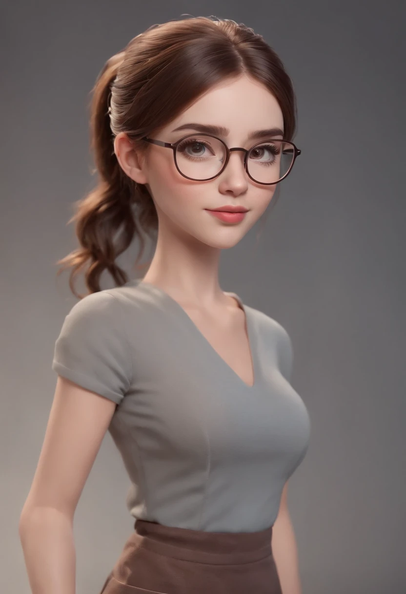 Cartoon style girl full body ,Brown hair with ponytail , Wearing glasses, Different angles, character sheets