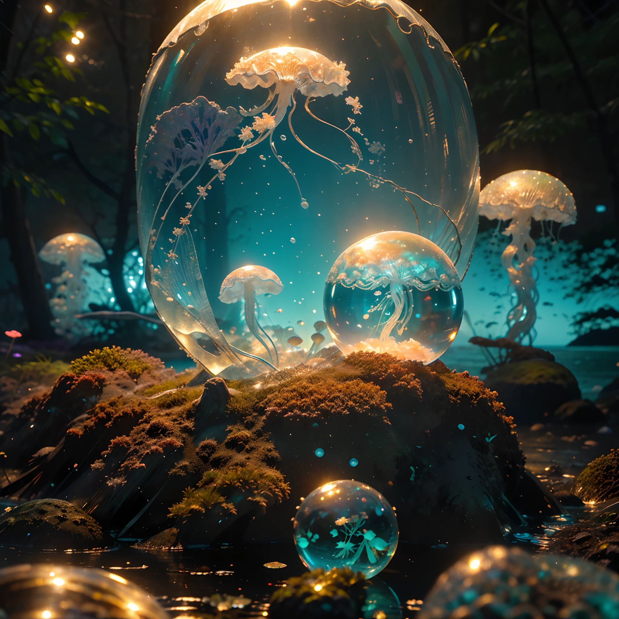 Ultra-realistic, 16K high resolution, (Max Sharp Focus: 1.3), (Max Close-up: 1.5), (Electric jellyfish trapped in a crystal ball with a pedestal on a table: 1.7), (Seaweed forest, ice, coral reef: 1.5),