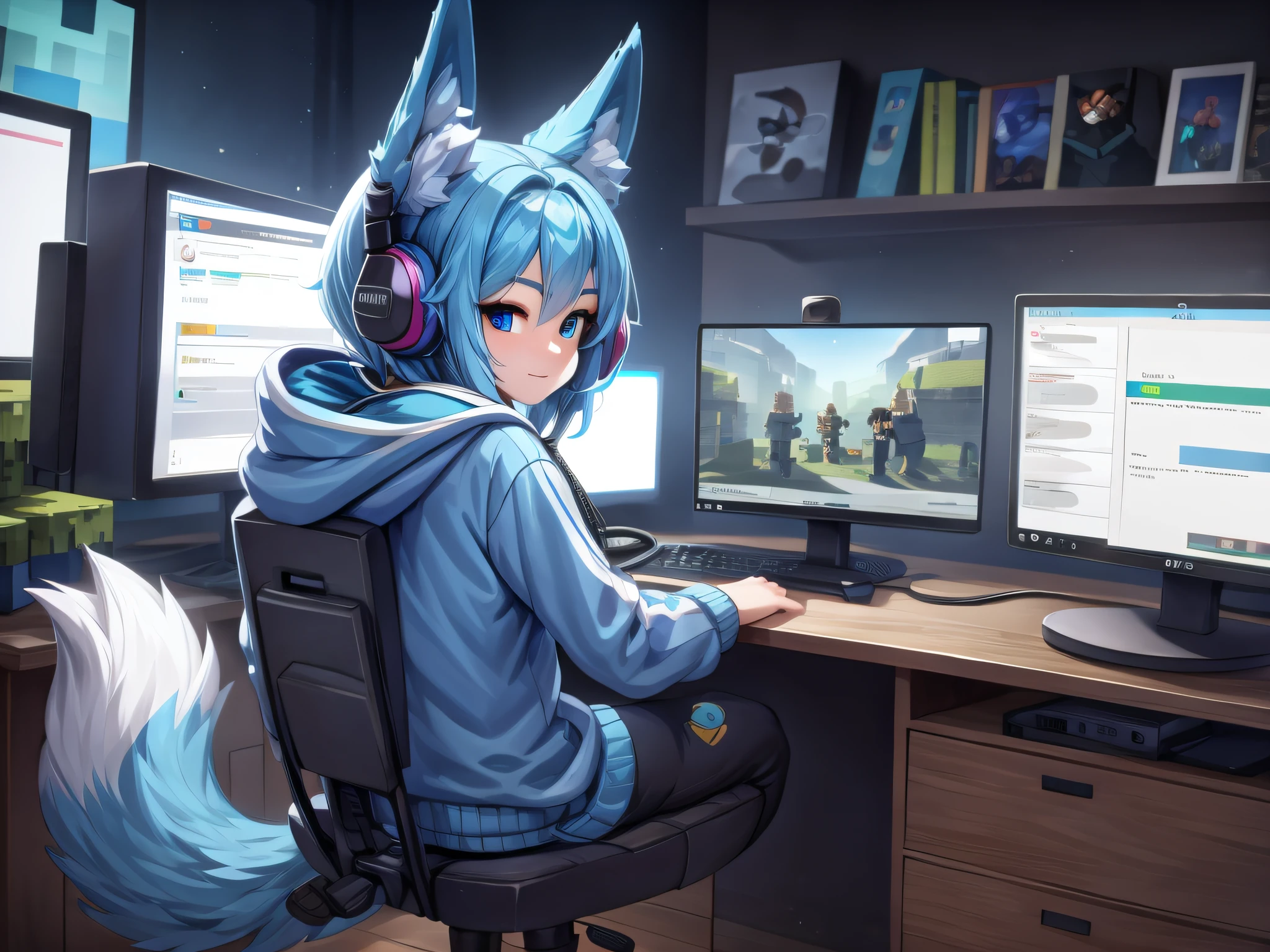 (Masterpiece) (High Detail) (High Res) A short humanoid girl with pale human skin and blue eyes and long blue hair and blue dog ears and a big fluffy dog tail and small breasts is sat at her PC computer playing video games. She is a twitch streamer and is streaming her games. Webcam, Microphone on microphone stand, large desk chair, headphones, stream deck, large lights, looking away from viewer. Wearing a Green Minecraft hoodie.