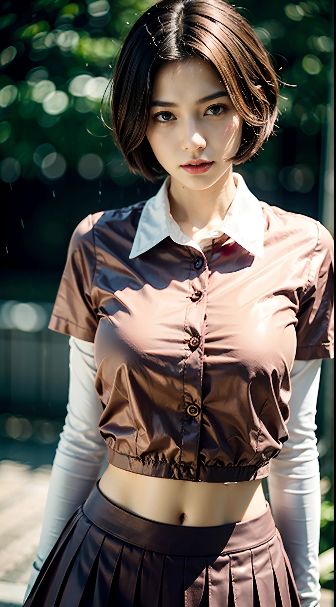 Masterpiece, Best quality, Super detailed,  Beautiful detailed eyes, Close up, one-girl. It was short burgundy hair, white pleated shirts, The button on the chest is broken, Superskirt. Heavy rain weather，wet from rain，Poor milk，Small bust，Exposing the abdomen