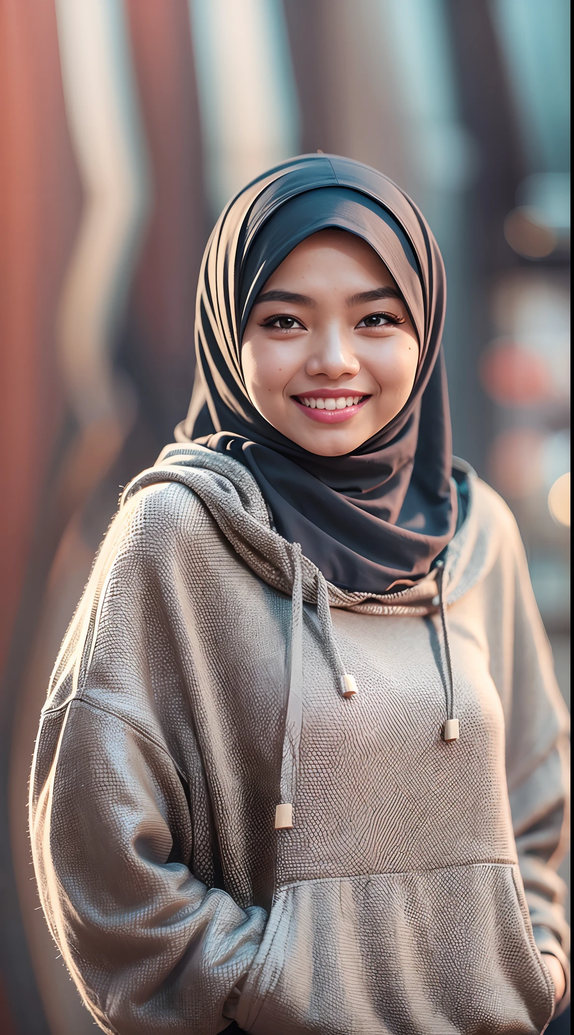 Malay girl in hijab wear big oversized loose hoodie and high waist pants, seating, wear back pack, front view, detail skin, detail skin texture, mole below eyes, small breast, big hip, big waist, big thigh, slim abs, beautiful body, evening, laughing, happy, bright lighting, blur background, bokeh,