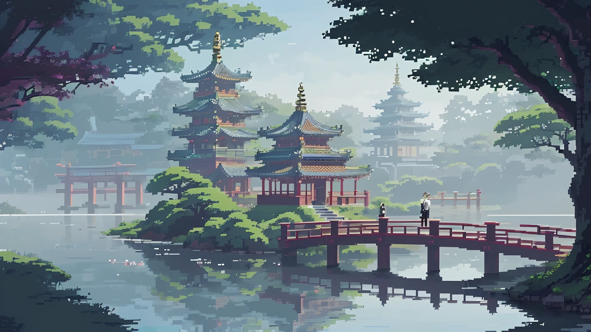 scenecy, Bridges and lakes，big trees，the trees, Zen temple background, Temple background, G Liulian art style, anime backgrounds, anime beautiful peace scene, Anime art wallpaper 4k, Anime art wallpaper 4 K, anime landscape wallpapers, Floating palace, Anime background art, Anime art wallpaper 8 K, Anime landscape concept art,Pixel art