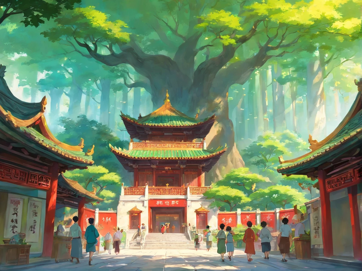 On the long street of Nanning City, Guangxi，There is a Chinese temple，Sunlight shines through the treetops in front of the temple。Five men and women entered the temple