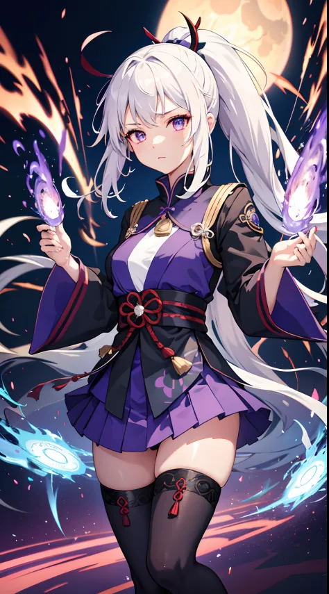 1girl, japanese clothes, ponytail ,white hair, purple eyes, magic circle, blue fire, blue flames, wallpaper, landscape, blood, blood splatter, depth of field, night, light particles, light rays, sidelighting, thighs, fate \(series\), genshin impact, ****, ...
