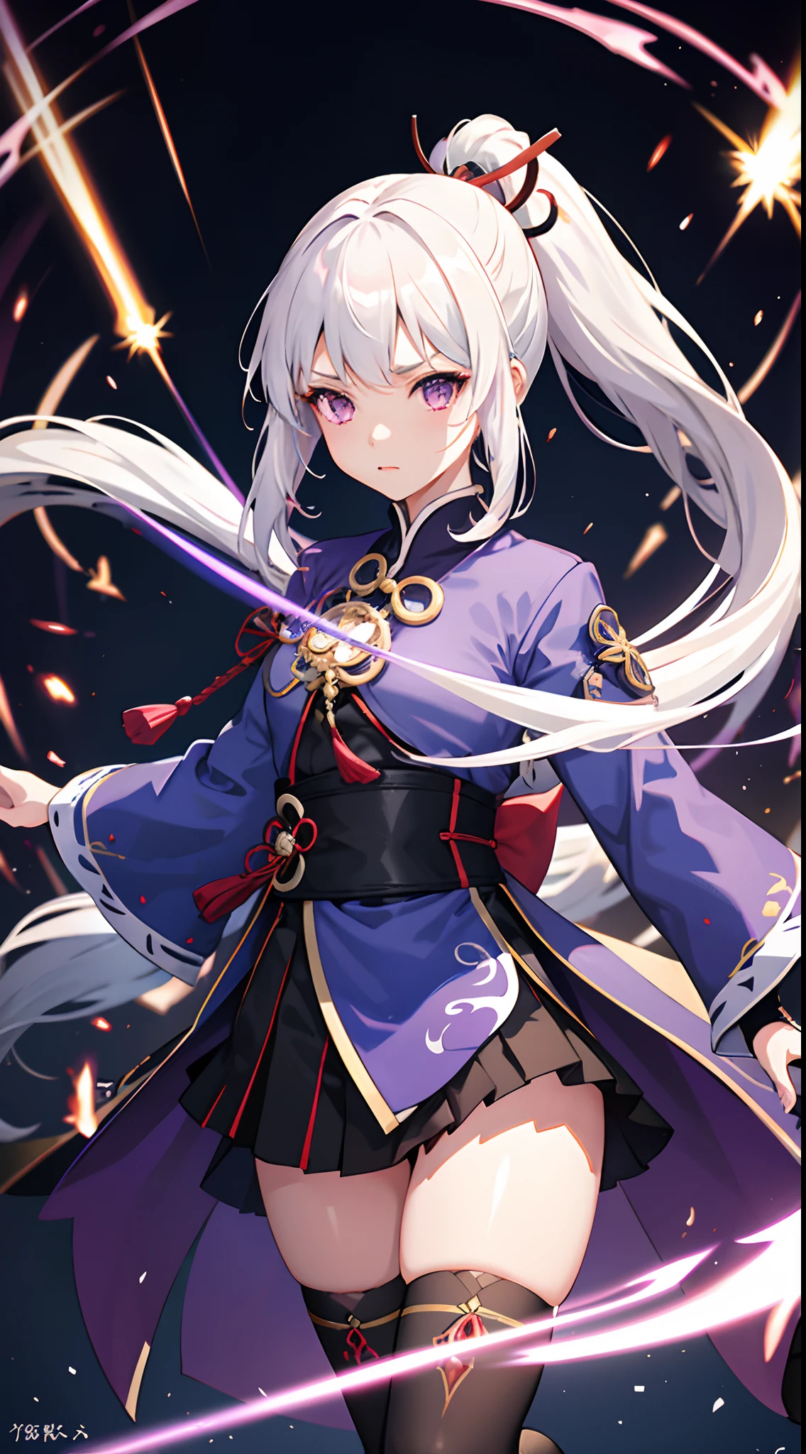 1girl, japanese clothes, ponytail ,white hair, purple eyes, magic circle, blue fire, blue flames, wallpaper, landscape, blood, blood splatter, depth of field, night, light particles, light rays, sidelighting, thighs, fate \(series\), genshin impact, ****, open jacket, skirt, thighhighs, cloud