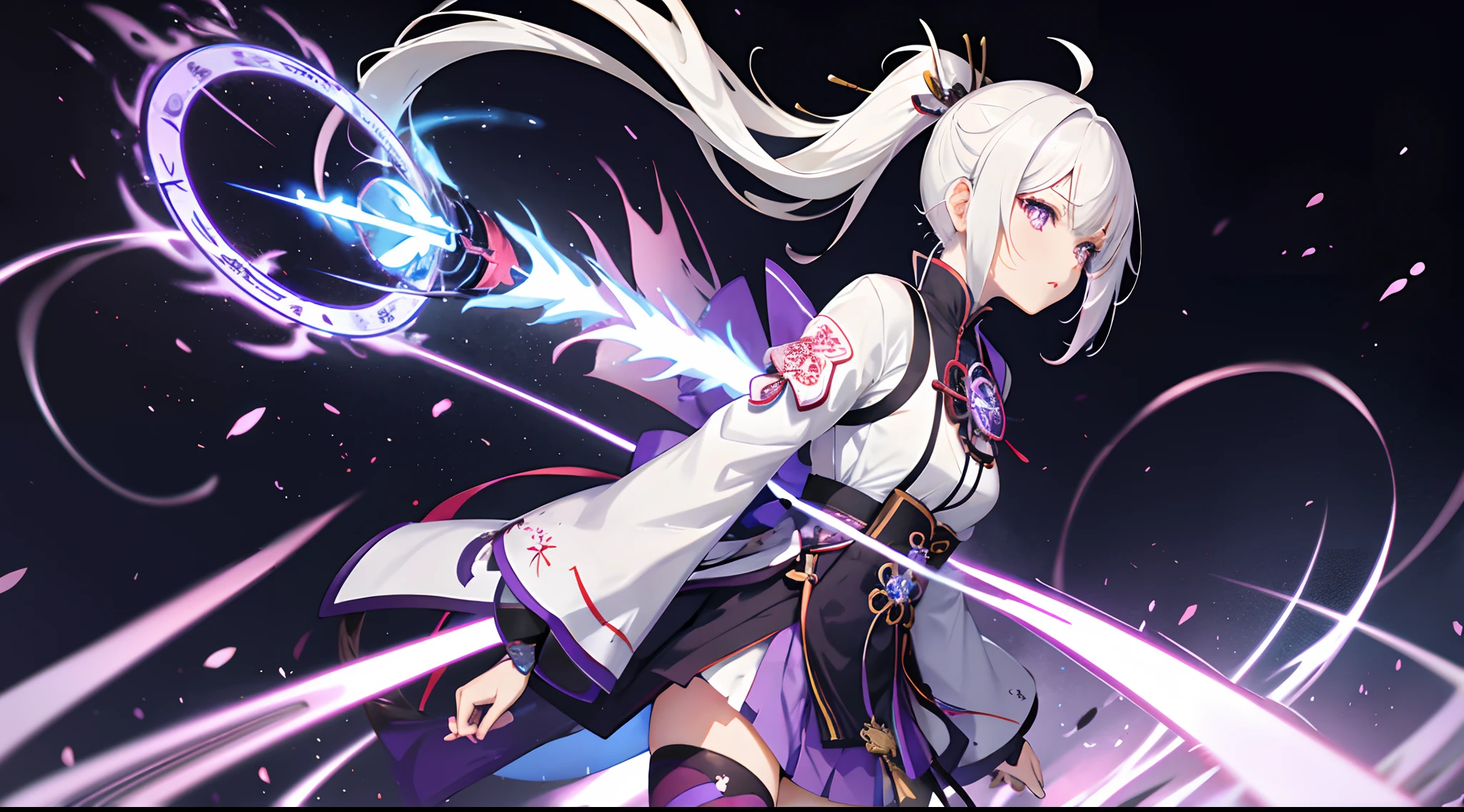 1girl, japanese clothes, ponytail ,white hair, purple eyes, magic circle, blue fire, blue flames, wallpaper, landscape, blood, blood splatter, depth of field, night, light particles, light rays, sidelighting, thighs, fate \(series\), genshin impact, ****, open jacket, skirt, thighhighs, cloud