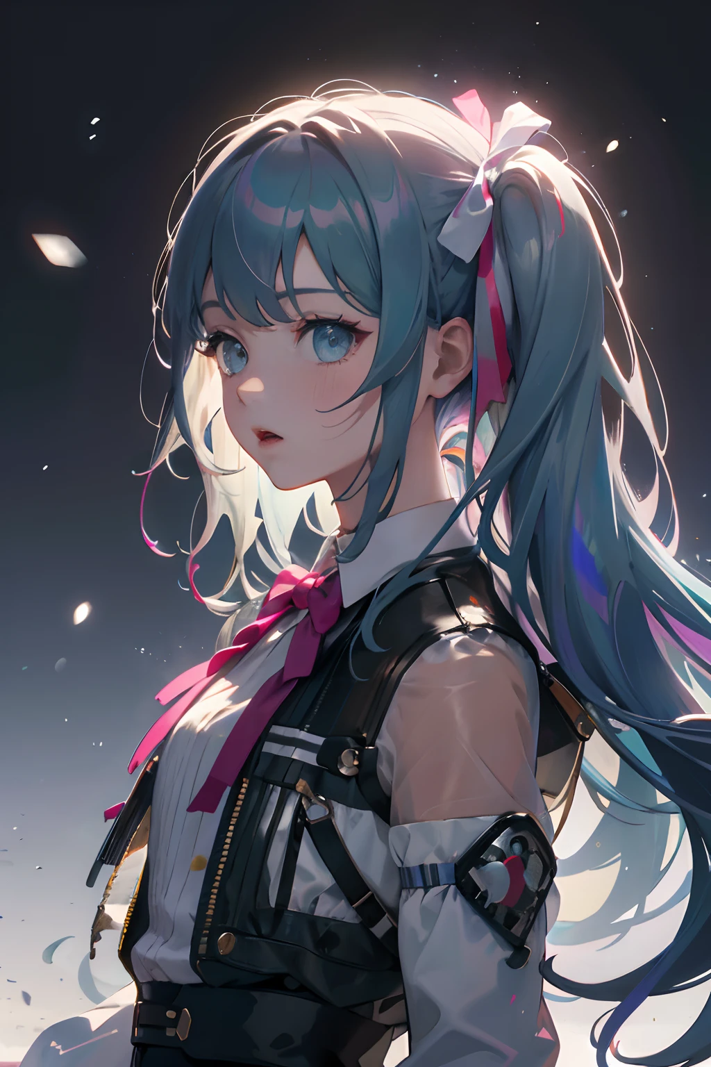 Official art, Unity 8k Wallpapers, ultra-detailliert, Beautifully Aesthetic, ​masterpiece, top-quality, realisitic, a closeup, Skindentation, interface, A detailed eye, A detailed face, detailed hairs, black backgrounds, straight-on, looking at the viewers, The sheen, Anime, looking at viewer with a cigarette in her mouth, highly detailed with reflections transparent iridescent opaque jacket, Long transparent iridescent RGB hair, 1girl in, Solo, fronds, Long hair, Blurry, Shirt,  Parted lips, Outdoors, Floating hair, Long sleeves, White shirt, Bangs, Upper body, Open mouth, tusk, Brown eyes, Wind, Winters，Yuki，snowscape，Blurry background, day, depth of fields, bug,Funeral Freelen，Freelen，Light blue hair，Twin-tailed，