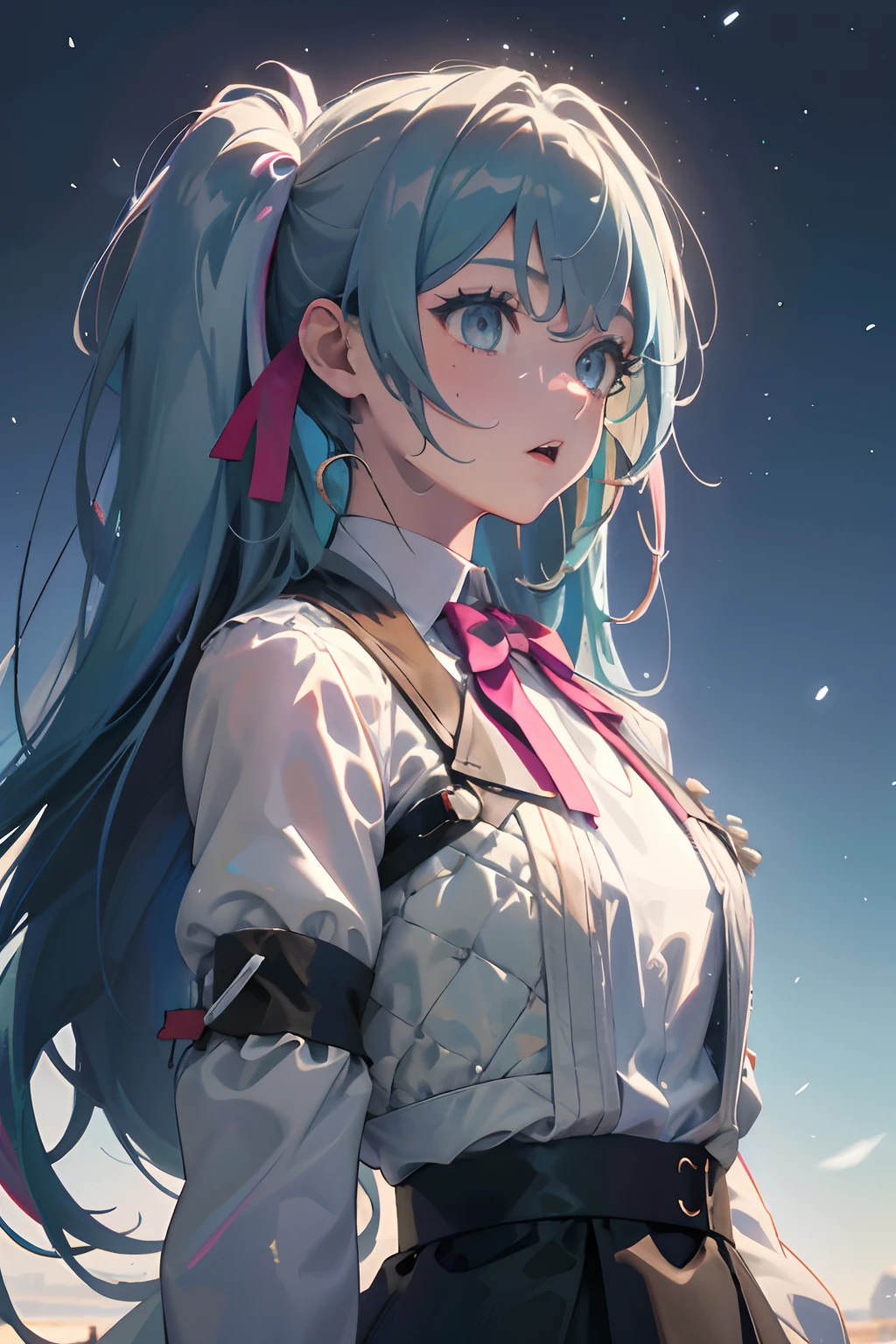 Official art, Unity 8k Wallpapers, ultra-detailliert, Beautifully Aesthetic, ​masterpiece, top-quality, realisitic, a closeup, Skindentation, interface, A detailed eye, A detailed face, detailed hairs, black backgrounds, straight-on, looking at the viewers, The sheen, Anime, looking at viewer with a cigarette in her mouth, highly detailed with reflections transparent iridescent opaque jacket, Long transparent iridescent RGB hair, 1girl in, Solo, fronds, Long hair, Blurry, Shirt,  Parted lips, Outdoors, Floating hair, Long sleeves, White shirt, Bangs, Upper body, Open mouth, tusk, Brown eyes, Wind, Winters，Yuki，snowscape，Blurry background, day, depth of fields, bug,Funeral Freelen，Freelen，Light blue hair，Twin-tailed，