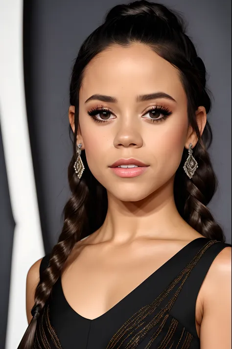 photo of JennaOrtega, a woman as a movie star, modelshoot style, (extremely detailed CG unity 8k wallpaper), Intricate, High Detail, Sharp focus, dramatic,photorealistic painting art by midjourney and greg rutkowski , (frowning, twin braids), ((movie premi...