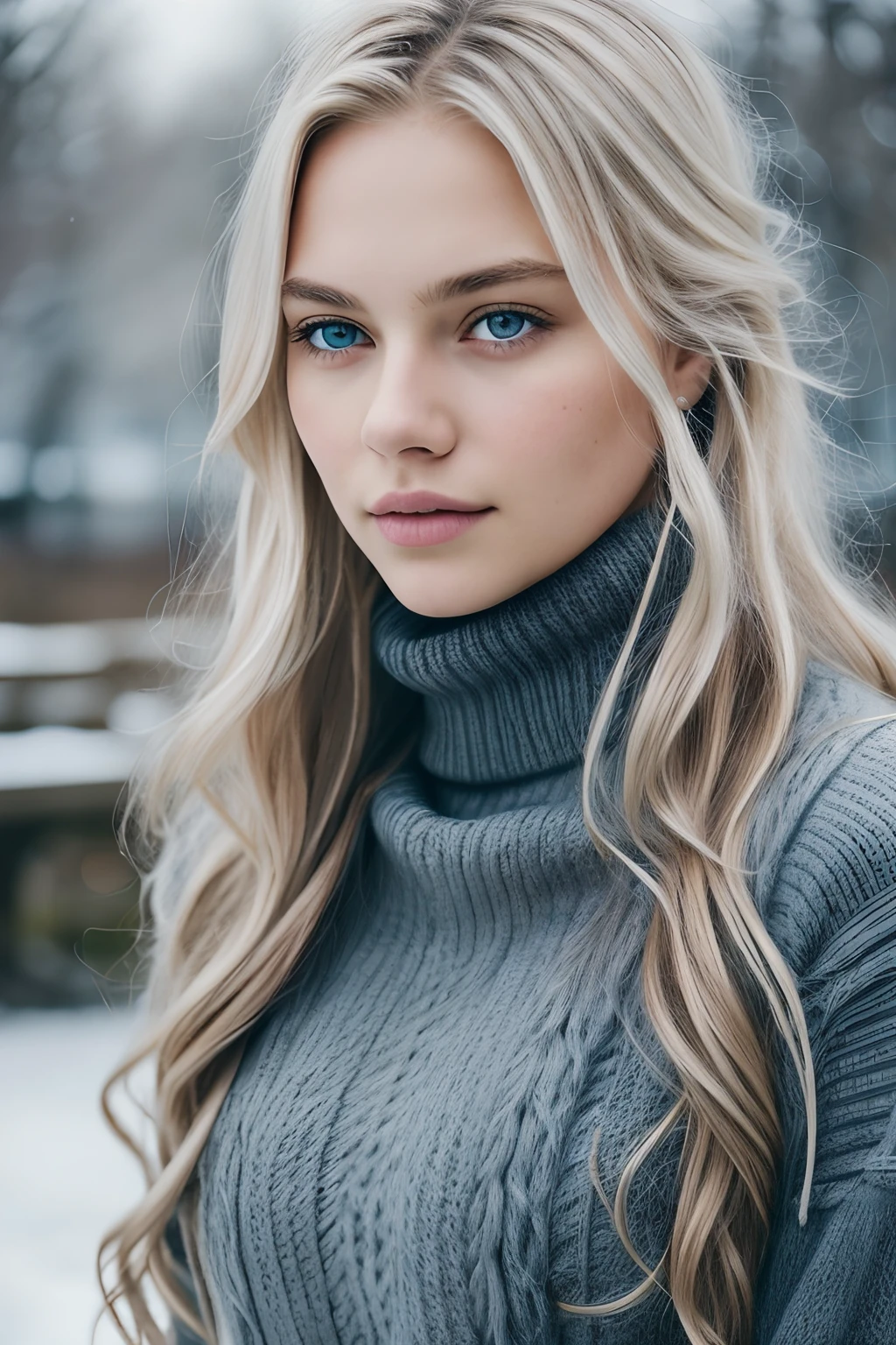 1girl in, age19, Solo, Long wavy blond hair, messy wind blown hair, blondehair, (dark blue eyes), Colossal tits, full body shot, (textured skin, skin pores:1.1), imperfect skin, goosebumps, in a city park, stone bench, snow, ((brown winter jackte:1.2)), (grey turtle neck), (dark blue jeans), (extremely detailed 8k wallpaper), soft lighting, high quality, film grain, Fujifilm XT3 sharp focus, f 2.6, 135mm, High Detail, Sharp focus,(natural light), (seductive), Realistic, ultra realistic, photo realistic, crazy details, complex details, hyper detailed