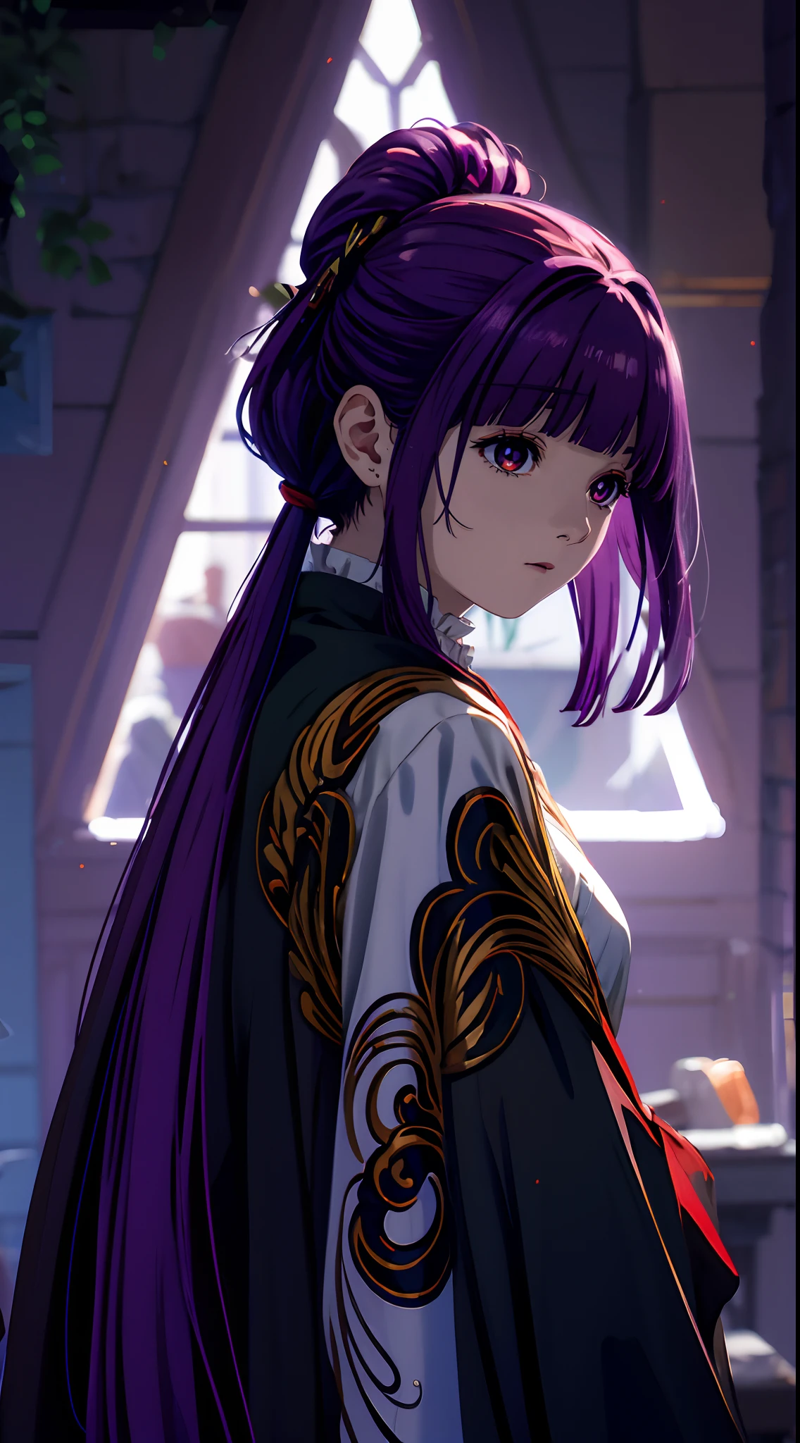 fern, (purple eyes:1.1), sidelocks,  bright pupils, half updo, (long hair, blunt bangs purple hair:1.6), 1girl, solo, looking_at_viewer, breasts, cape, looking_back, parted_lips, indoors, medium_breasts, blurry, smile, "glow effects, godrays, Hand drawn, render, 8k, octane render, cinema 4d, blender, dark, atmospheric 4k ultra detailed, cinematic, Sharp focus, big depth of field, Masterpiece, colors, 3d octane render, 4k, concept art, trending on artstation, hyperrealistic, Vivid colors, extremely detailed CG unity 8k wallpaper, trending on CGSociety, Intricate, High Detail, dramatic", (anime coloring, anime screencap:1.4)