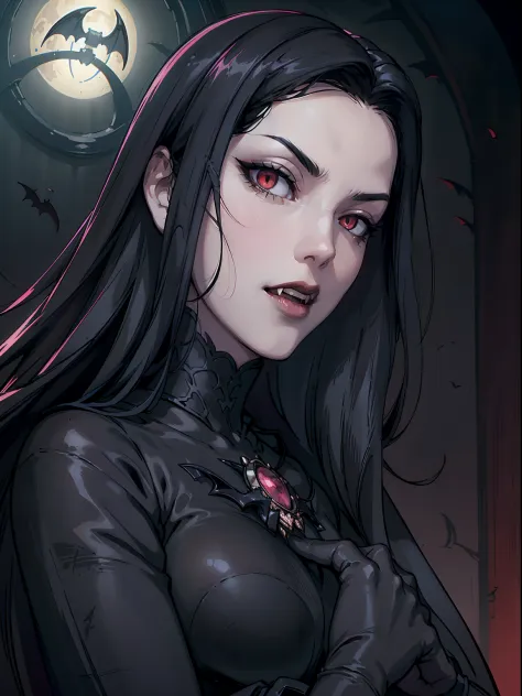 absurdres, ((stunning female vampire))), goth renaissance, (long black hair:1.3), perfect and detailed angular sharp oval shaped...