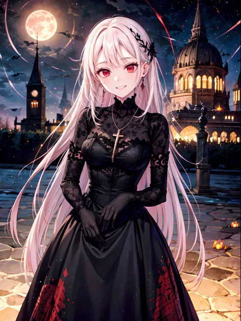 8K,masuter piece、masutepiece、1 persons、horor、Spooky room、Pitch-dark palace、Valley、cabelos preto e longos、red eyes、Return blood、You can see the starry sky from outside the large window,Bright red full moon,Meteor swarm,Pure Black Wedding Dresses,Pitch black...