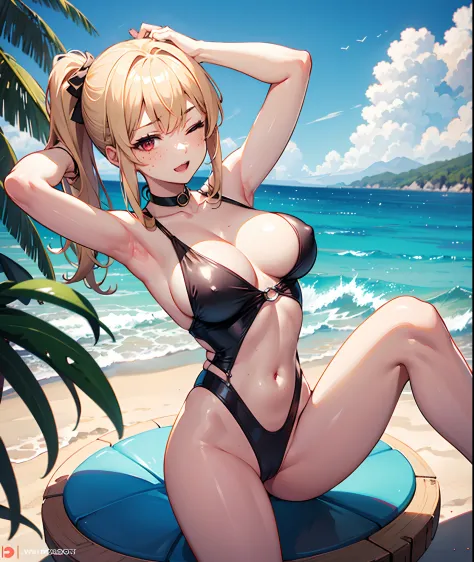 1 anime girl, solo, anatomically correct, blonde one side ponytail, beautiful red eyes, freckles, choker, large breasts, small waist, wide hips, [nice ass], wearing a sexy slingshot swimsuit, slingshot, sexy posing, arms above her head, arms raised behind ...