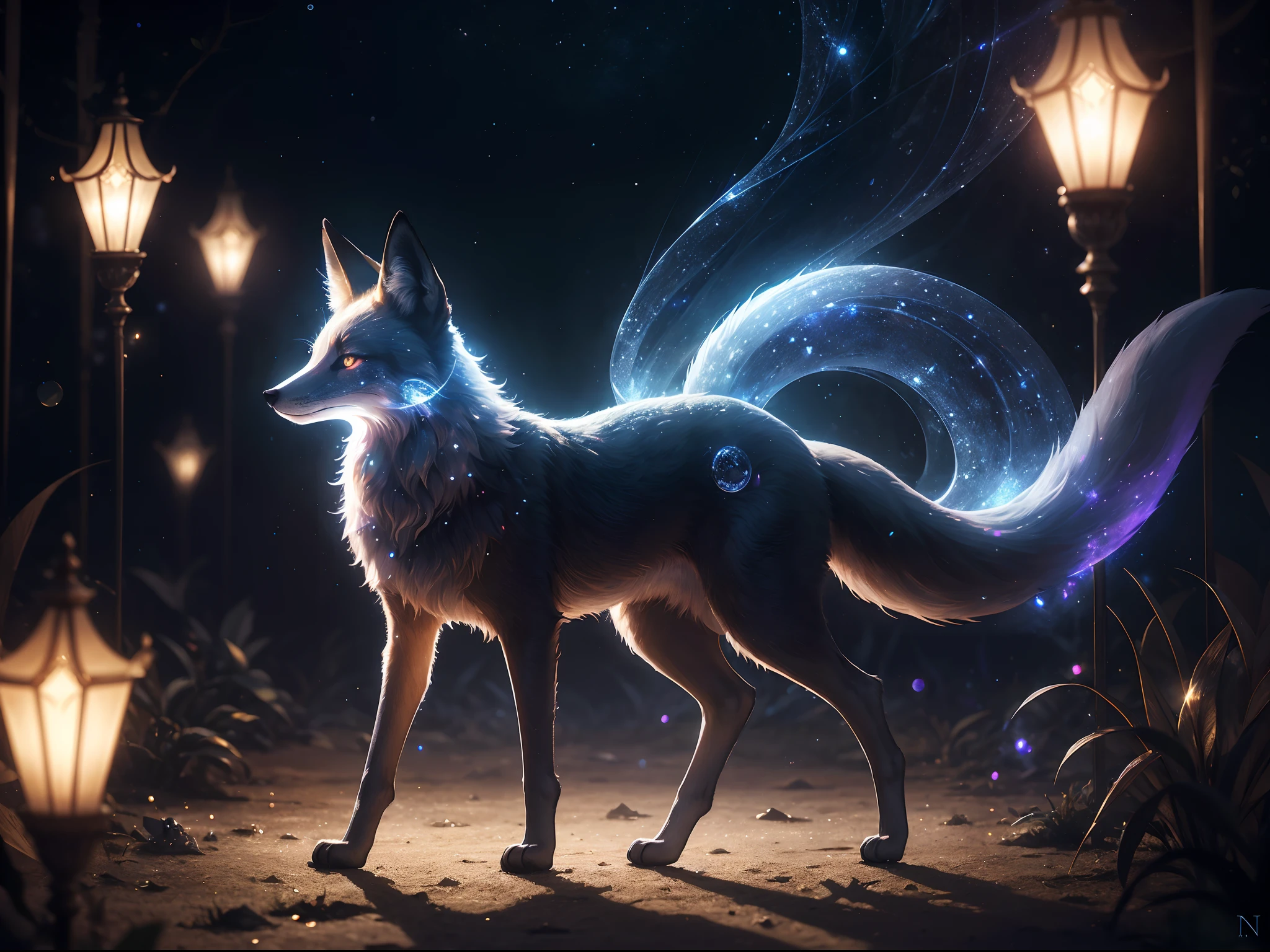 (Absurdres:1.2), exquisitely detailed Fox, night aura, ethereal, Occult, surreal art, Shimmer, approaching perfection, ultra high quality, bokeh, reflective materials, shadows, volumetric lighting, 8k resolution, illustration