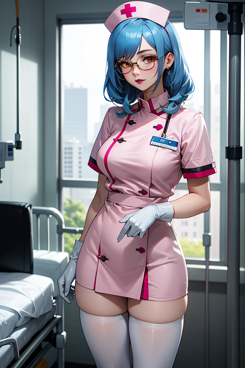 1 Frau, Allein, Krankenschwester, Krankenschwester cap, weiße Kleidung, ((weiße Beinbekleidung, zettai ryouiki)), Weiße Handschuhe, Gläser, Blaue Haare, orangefarbene Augen, pinke Lippen, Stehen, ((Krankenhauszimmer)), scharfe Kontur, kurze Ärmel, reife Frau, 32 Jahre alt, beste Qualität, Meisterwerk