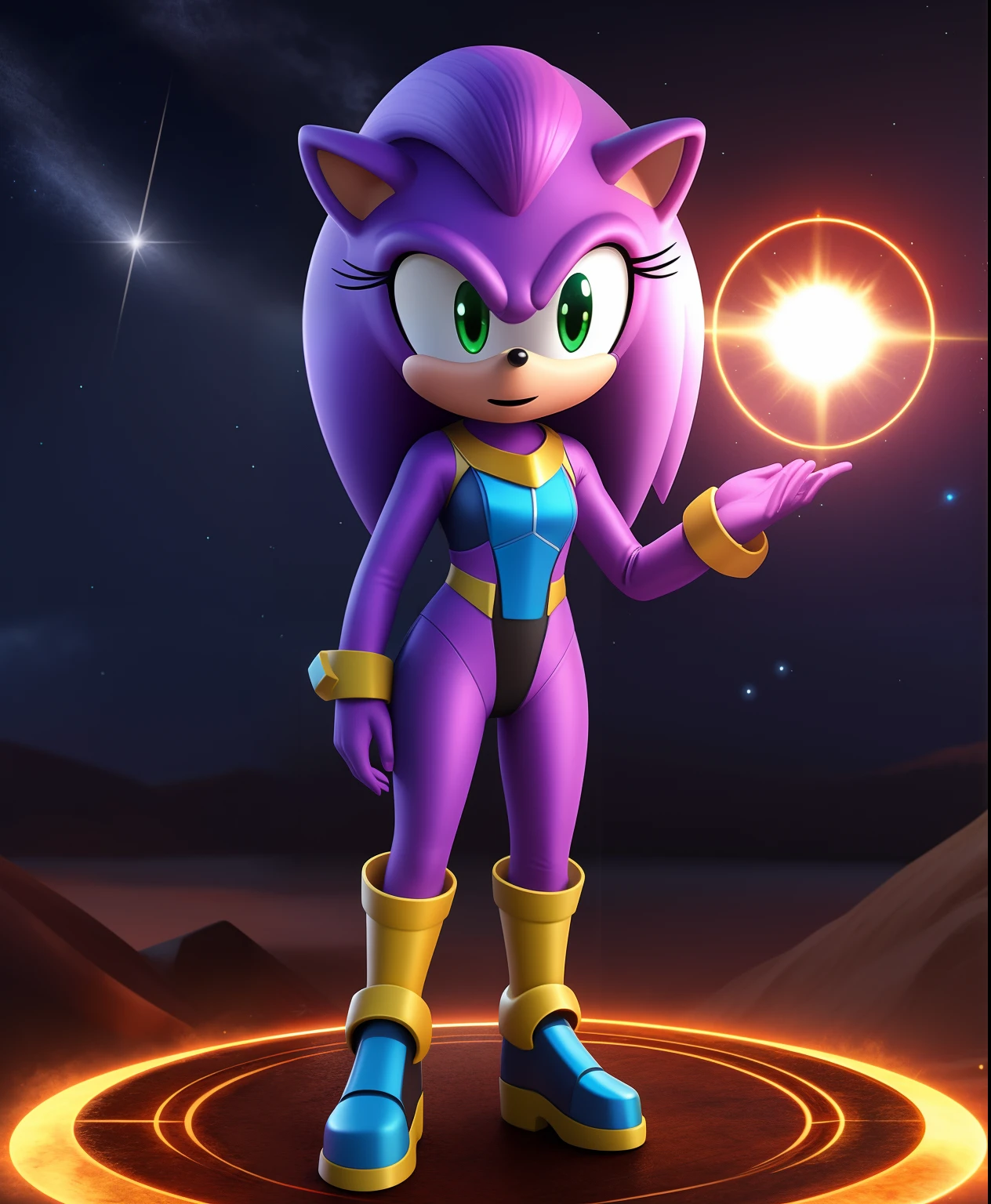 Clea the purple female hedgehog, celestial and technology costume, light purple hair, using celestial and technology powers, full body view, cgi live action