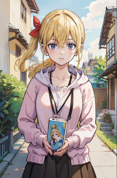 (masutepiece, Best Quality, Ultra-detailed, Illustration), Beautiful face, Blonde hair, Perfect body, 1girl in, Solo, Hoodie in sweater, Hair Ribbon, Camisole and dress, lanyard, vila, Old houses, Outdoors, folk, legends, Collar