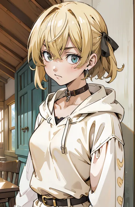 (masutepiece, Best Quality, Ultra-detailed, Illustration), Beautiful face, Blonde hair, Perfect body, 1girl in, Solo, Hoodie in sweater, Hair Ribbon, Camisole and dress and belt, lanyard, vila, Old houses, Outdoors, hawke, legends, Collar