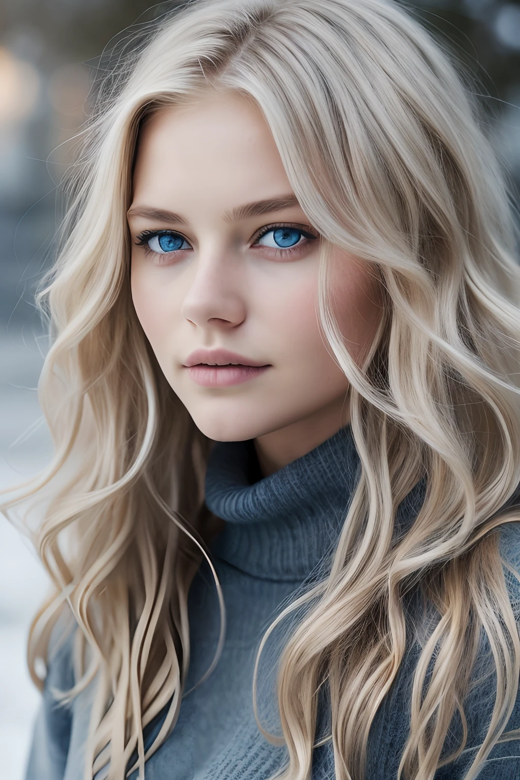 ((1girl in, age19, Solo, Long wavy blond hair, messy wind blown hair, blondehair, (dark blue eyes), Colossal , full body shot, (textured skin, skin pores:1.1))), imperfect skin, goosebumps, in a city park, stone bench, snow, (brown winter jackte: 1.2), (grey turtle neck), (dark blue jeans), (extremely detailed 8k wallpaper), soft lighting, high quality, film grain, Fujifilm XT3 sharp focus, f 2.6, 135mm, High Detail, Sharp focus,(natural light), (seductive), Realistic, ultra realistic, photo realistic, crazy details, complex details, hyper detailed