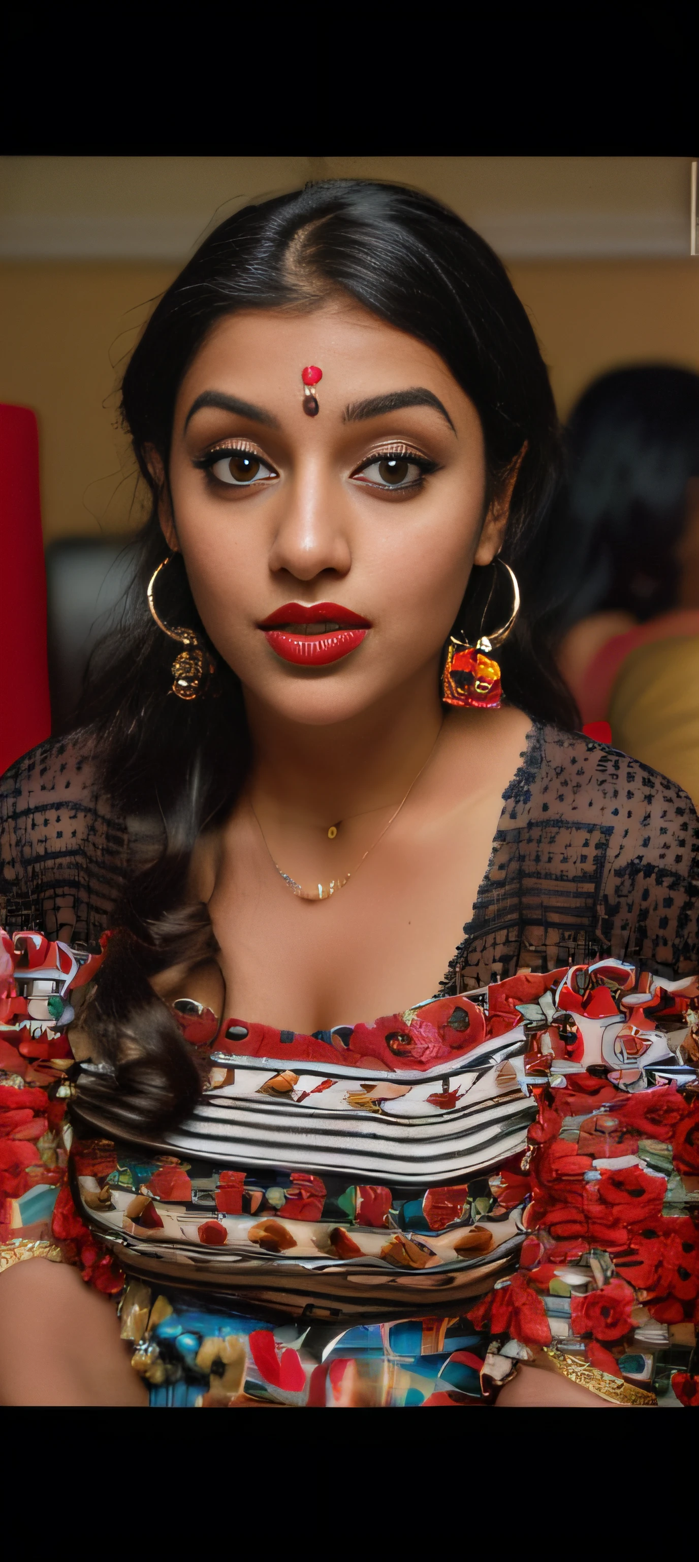 (editorial photograph of a young Indian woman with big boobs red lips)、karla ortiz, (highly detailed face:1.4) (smile:0.7) (backround park , moody, private study:1.3) POV, by lee jeffries, nikon d850, film stock photograph ,4 kodak portra 400 ,camera f1.6 lens ,rich colors ,hyper realistic ,lifelike texture, dramatic lighting , cinestill 800, realistic, wearing Black dobby weave self design fit & flare dress Sweetheart neck Short, puff sleeve Tie-up detail on back Above knee length in flounce hem Attached Lining Chiffon fabric, actress, karla ortiz, posing!!, candid picture, by Max Dauthendey,