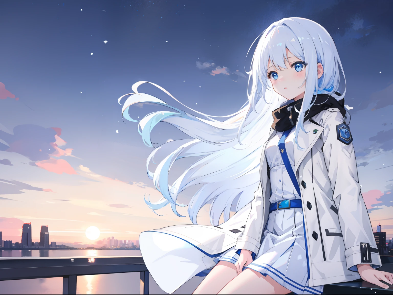 Em uma cidade grande，It's snowing，neonlight，1girll，White color hair，long whitr hair，blue color eyes，（Carefully portray the face），Height 166cm，high school senior，sitting before a table，adolable，White trench coat，Glazed eyes，Gape，sleepy-eyed，（Carefully depict the action），（Carefully portray clothes），（Carefully depict the expressions），Day Man Girl，tmasterpiece，8k wallpaper，Ambient light，Small breasts，At night，