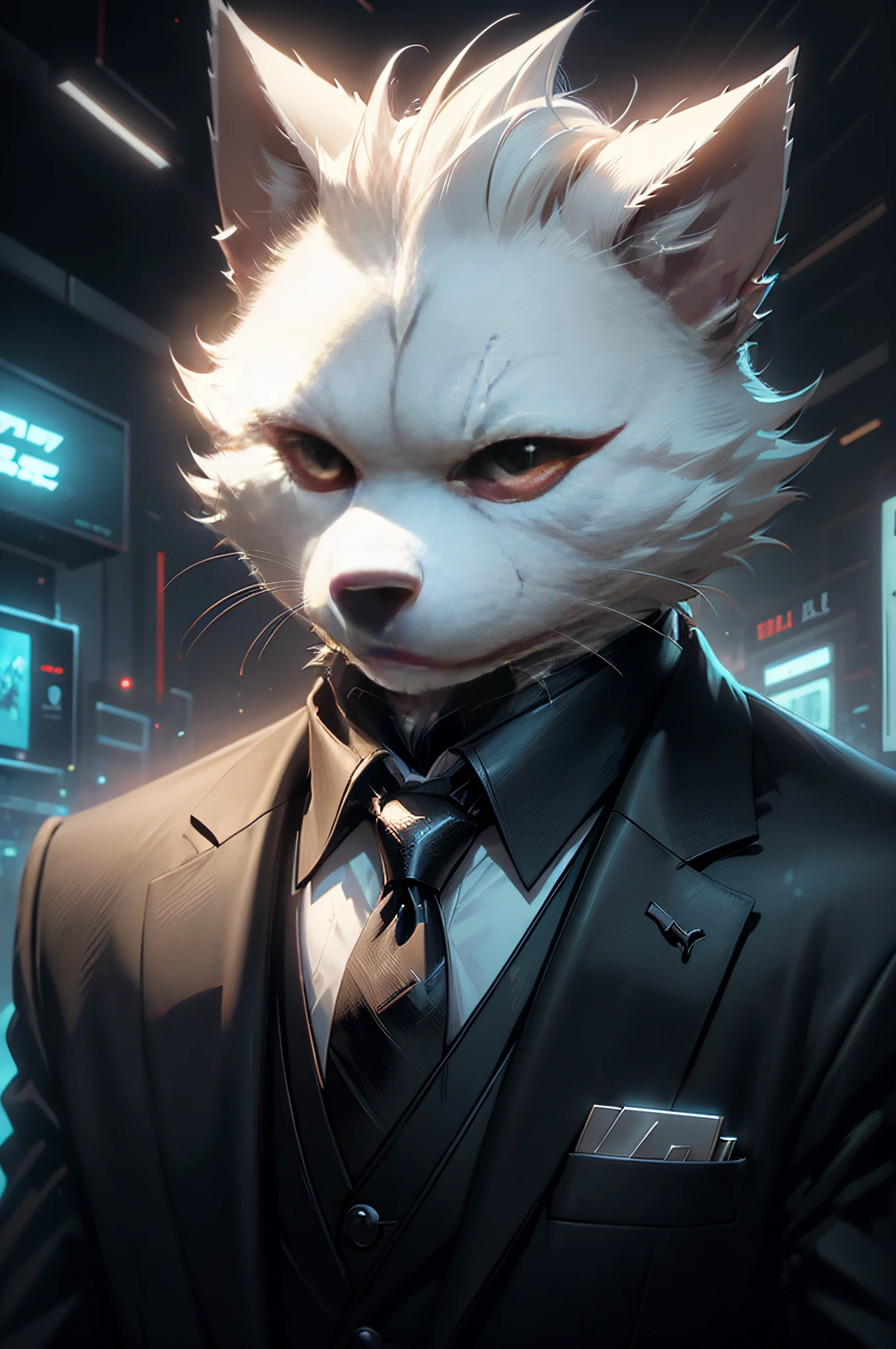 (Mann im schwarzen Anzug und Krawatte)Comicstrip、Anthropomorpher weißer Terrierhund、cyberpunked