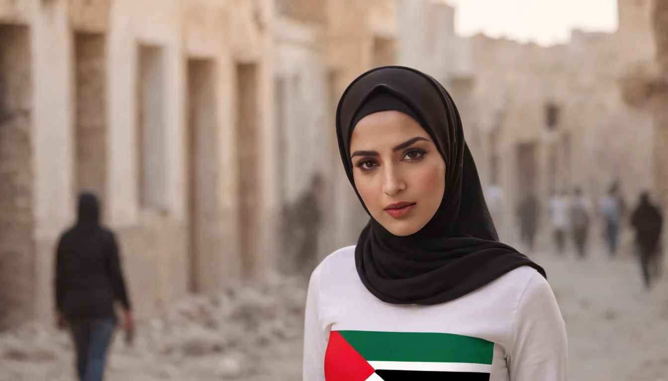 35 years old women half body wearing a hijab Palestine Flag shirt decorated with Palestinian flag ,explosion, divasting buildings. In middle of the street. Realistic photo accurate.